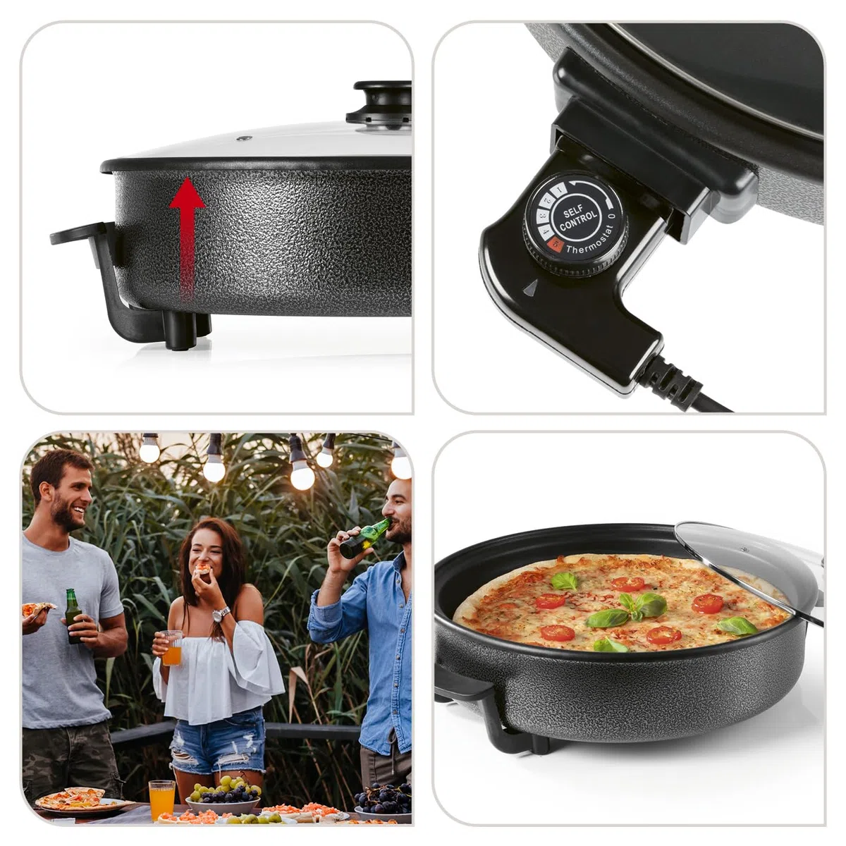 GOURMETmaxx Sartén eléctrica multifunción ⌀ 40cm | Con termostato, tapa de cristal y recubrimiento antiadherente | XXL - ideal como paellera, sartén para guisar y sartén wok | 1500W [acero inoxidable]