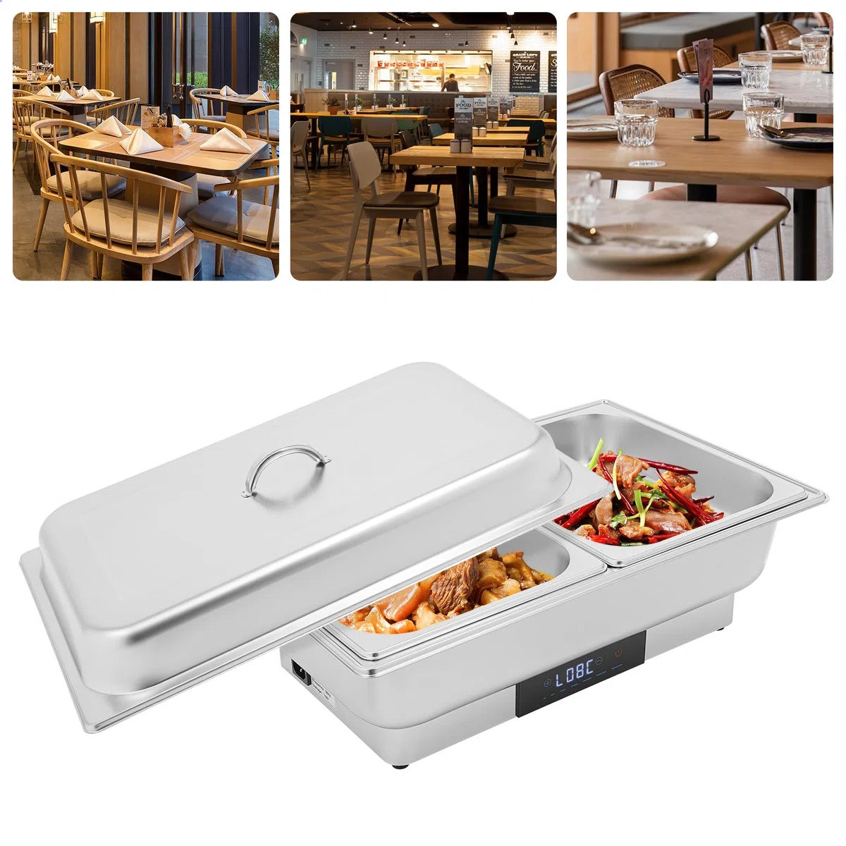 Calentador de buffet eléctrico, calentador de alimentos, buffet Chafing Dish, acero inoxidable, con control de temperatura para catering y buffet, 600 W, 9 l, para platos fríos y calientes