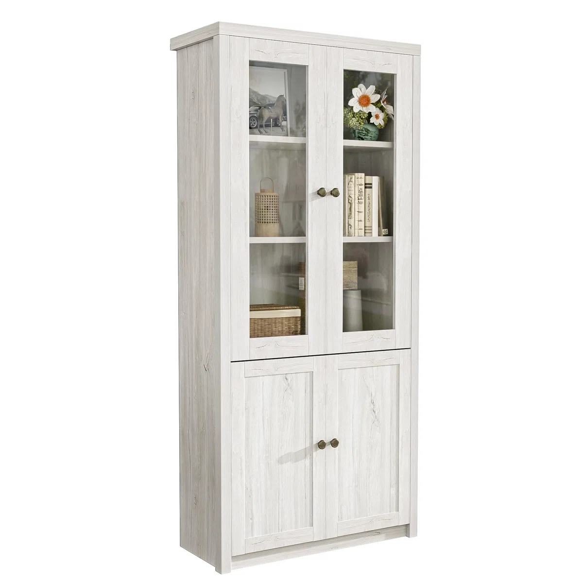 Armario alto de cristal de 171 cm de altura, con 2 puertas de cristal y estante, archivadores, buffet, armario de cocina, aspecto de madera, para salón, oficina y pasillo (color blanco con puertas)