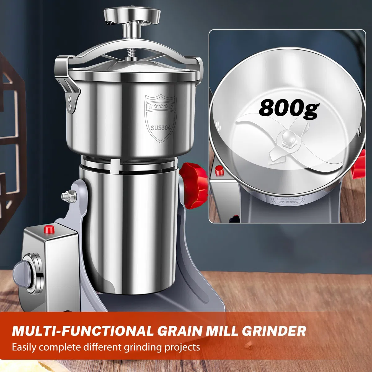 Molino de Cereales Eléctrico 800g,Molinillo de Especias Comercial 3500W,28000 RPM, Fabricado en Acero Inoxidable 304, para Cereales, Especias, Café y Hierbas