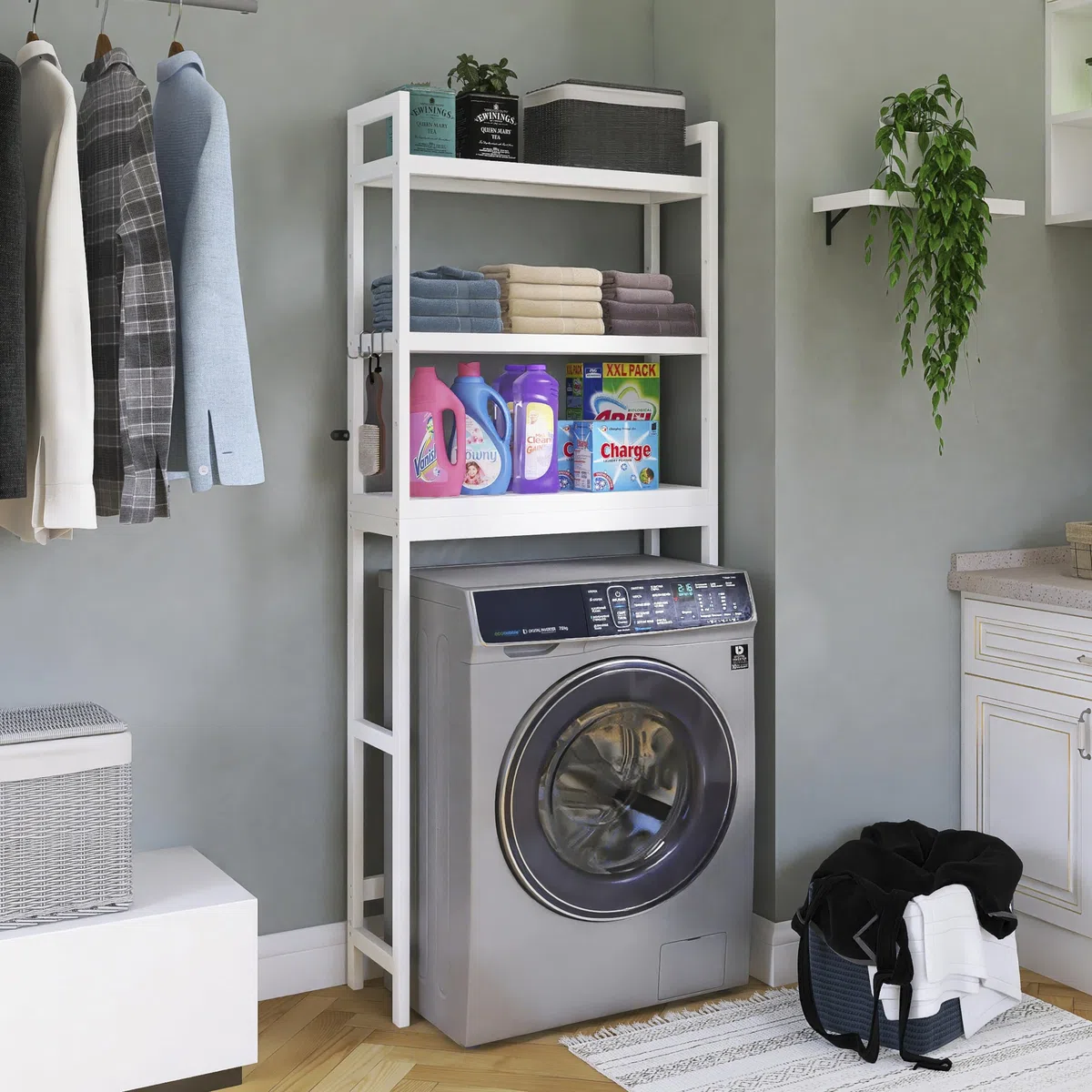 SMIBUY Estante de Almacenamiento para Baño, Estante Organizador de Bambú sobre el Inodoro, Ahorro de Espacio para Inodoro Independiente con Estantes Ajustables de 3 Niveles (Blanco)