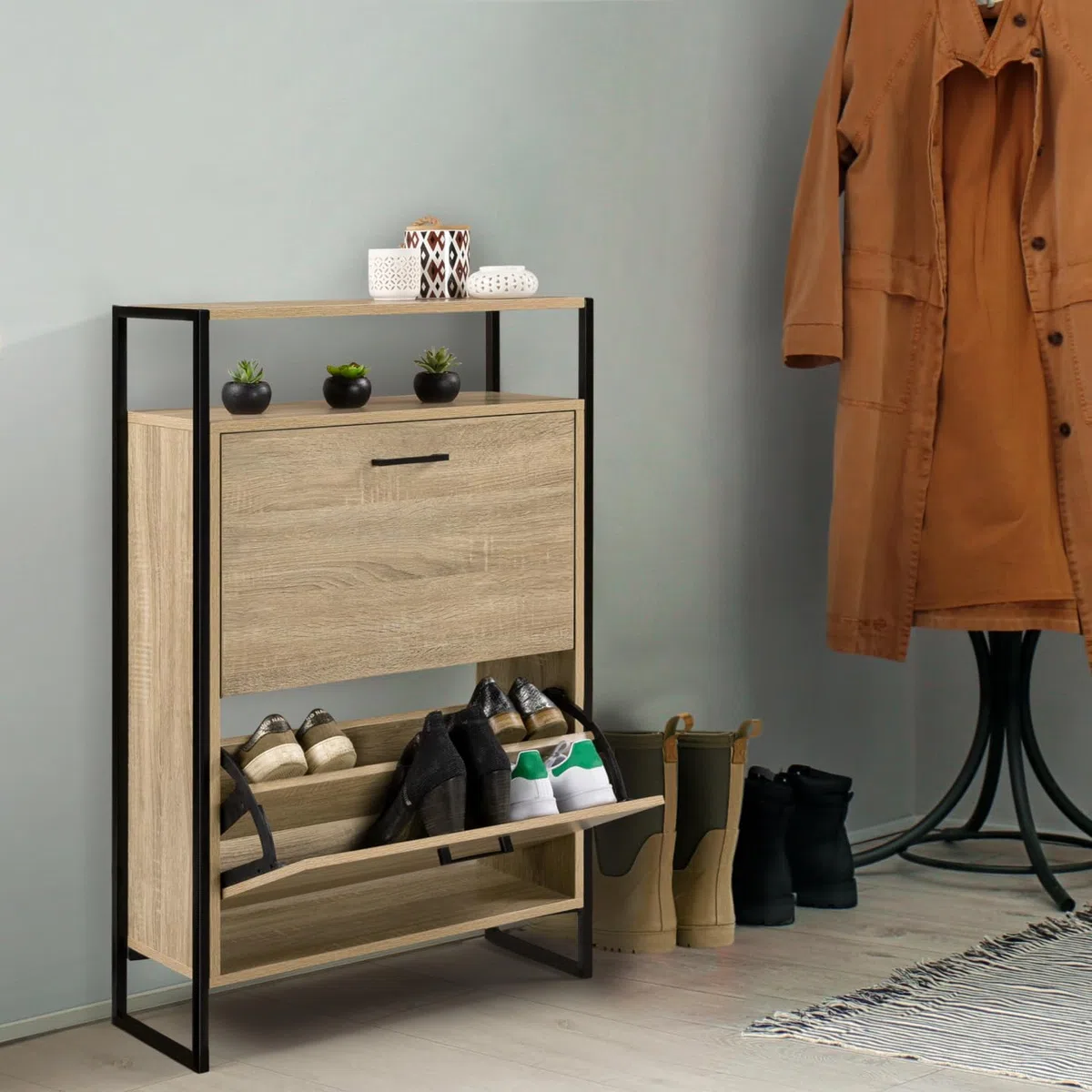 IDMarket LUIS - Zapatero 12 pares de 2 puertas con estante superior de diseño industrial