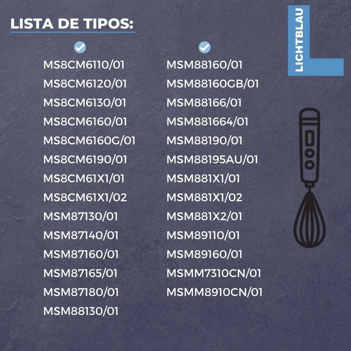 Lichtblau Batidor con acoplamiento 2863, apto para batidora de mano Bosch MS8CM, MSM87, MSM88, MSM89 MSMM7, MSMM89 Maxo Mixx, accesorio de repuesto para batidora de mano