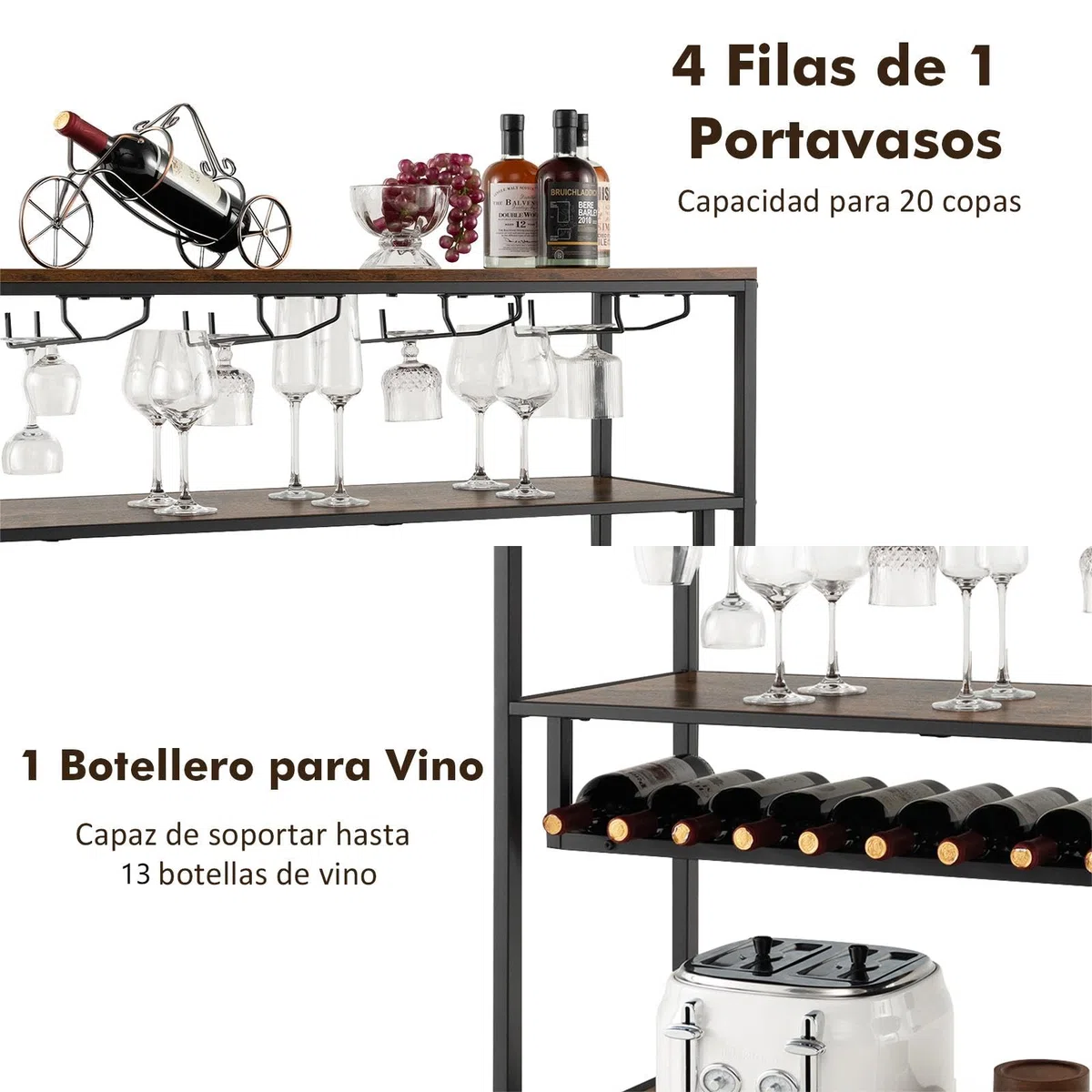 COSTWAY Estante Botellero Vino, Mueble Bar Industrial con Botellero y 4 Filas de Soportes para Vasos, Amplio Tablero y Estantes Abiertos, Armario Independiente para Vinos en Cocina, Comedor, Buffet