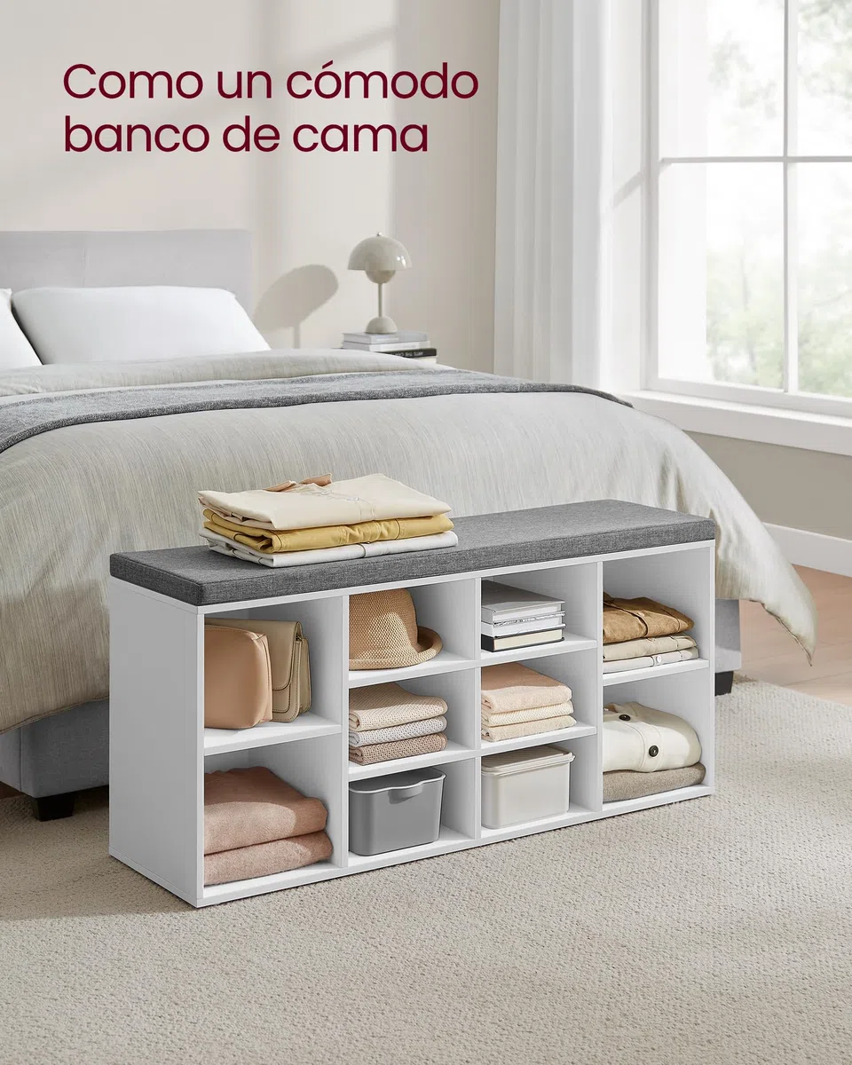 VASAGLE Banco para Zapatos, Repisa para Zapatos, Armario de Almacenamiento, 10 Compartimentos, con Cojín, para Entrada, 104 x 30 x 48 cm, Blanco LHS10WT