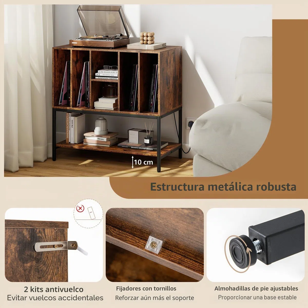 KOMFOTTEU Soporte para Tocadiscos con Estación de Carga, Mueble de Discos de Vinilo con 6 Compartimentos y Estante Abierto, Mesa de Exhibición con Orificio para Cables, 80 x 45 x 79,5 cm (Marrón)