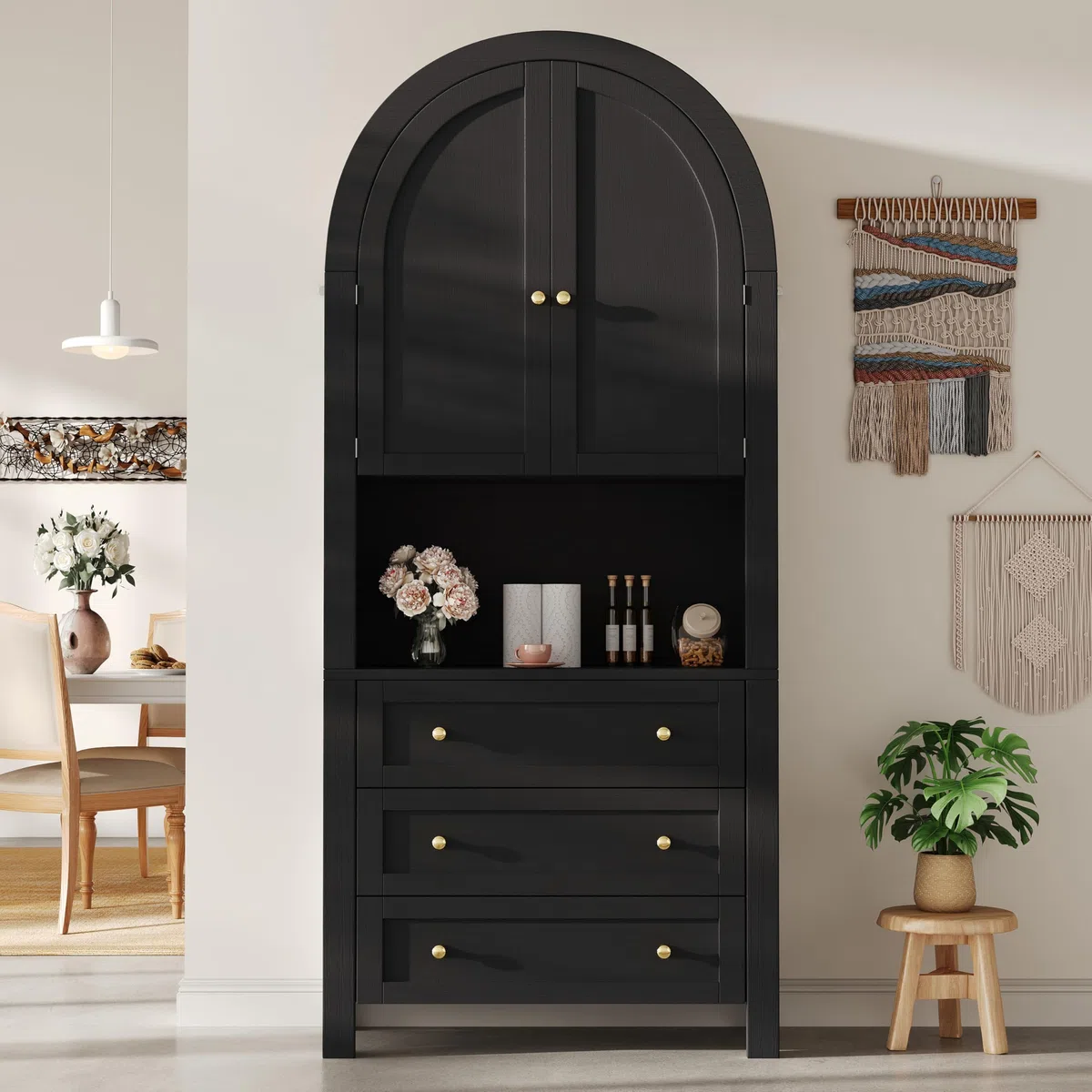 Merax Armario alto de 180 cm, armario multiusos con 2 puertas, 3 cajones, armario de almacenamiento abierto, armario de vitrina para salón, oficina, cocina, armario de cocina de arco alto, color negro