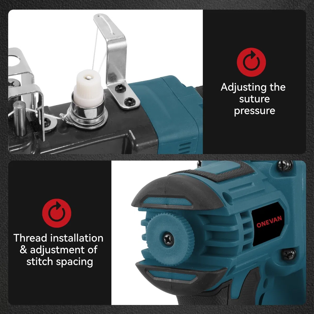 ONEVAN Cosedora de Sacos bolsas eléctrica, Motor de cobre 210 W, 2 Baterías 4.0Ah, kit de máquina de coser, grosor de costura 8-15 mm, para bolsas de tela, yute y papel kraft, Apto para la Agricultura