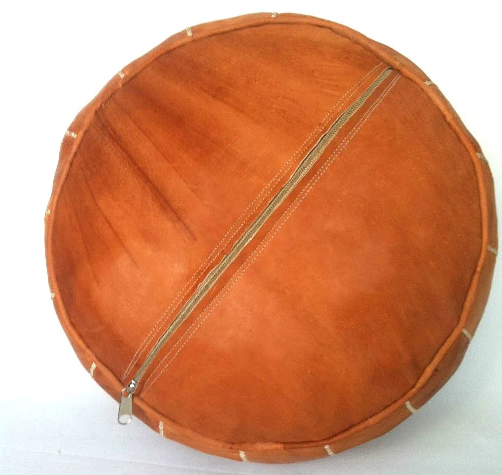 moroccan poufs Puf redondo marrón – Funda para reposapiés de piel auténtica, hecha a mano, 53,3 x 53,3 x 35,5 cm, marrón claro
