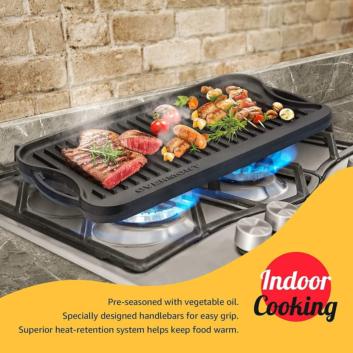 OVERMONT Parrilla reversible de hierro fundido pre-sazonado con asas para estufa de gas, horno de fuego abierto, 43,18 x 24,89 cm, una bandeja, raspadores incluidos