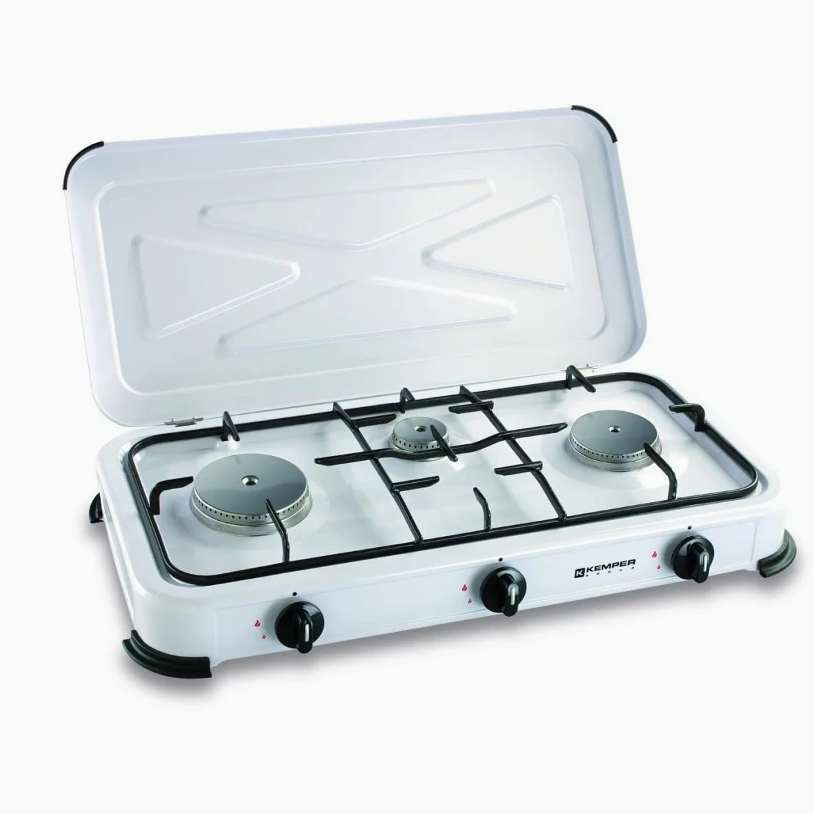 KEMPER – Placa de cocción de gas 3 luces portátil, 3450 W, tapa extraíble, color blanco – Hornillo para camping, conexión de botella de gas Butano/propano simple y segura