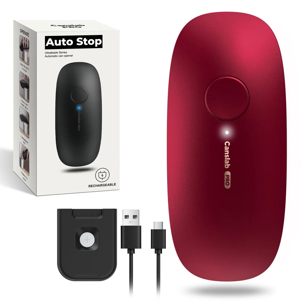 Canslab Ultrablade PRO - Abrelatas eléctrico recargable por USB para cocina para personas mayores con artritis - Abrelatas automático de un solo toque, borde liso, abrelatas de tamaño pequeño, rojo