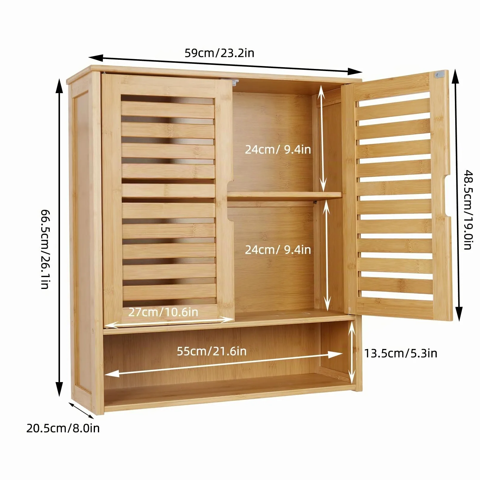 unho Armario de Baño de Bambú para Pared, Mueble Baño Colgar con Puerta con Cierre Magnético y Estante Ajustable, Organizador de Almacenamiento sobre Inodoro, 59x20.5x66.5cm, Madera Natural