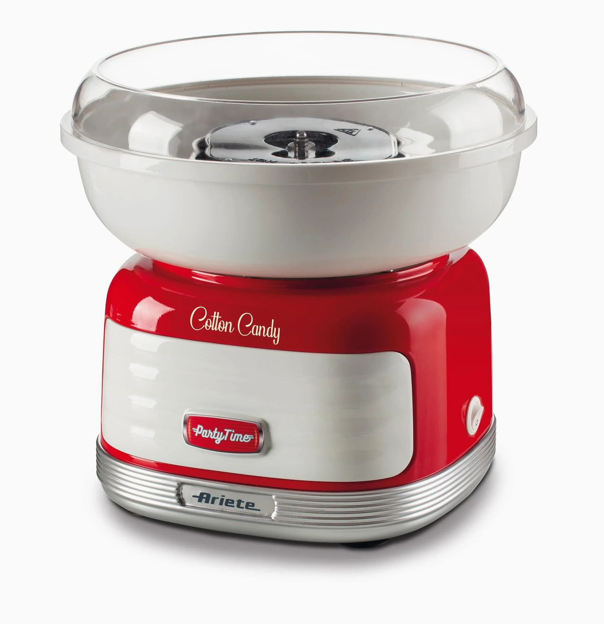 Ariete 2973, Máquina de algodón de azúcar Party Time, cotton candy, 500w, diseño retro, funciona con azúcar y caramelos duros, 2 conos de plástico, desomontable, color rojo