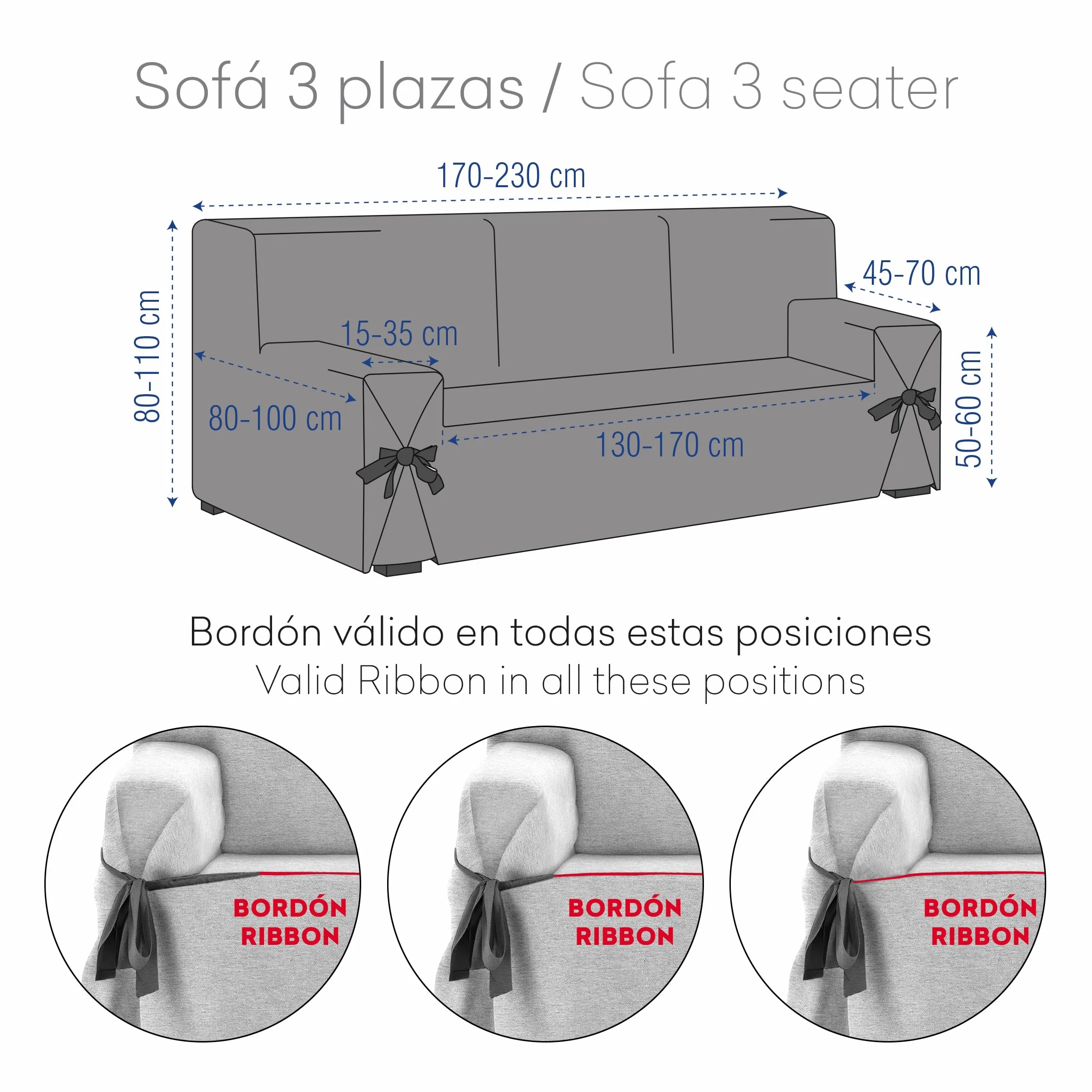 Eysa Levante Funda de sofá 3 plazas con lazos, para sofás de 170cm a 230 cm orientativamente ( unos 150 cm de sentada ), Beige