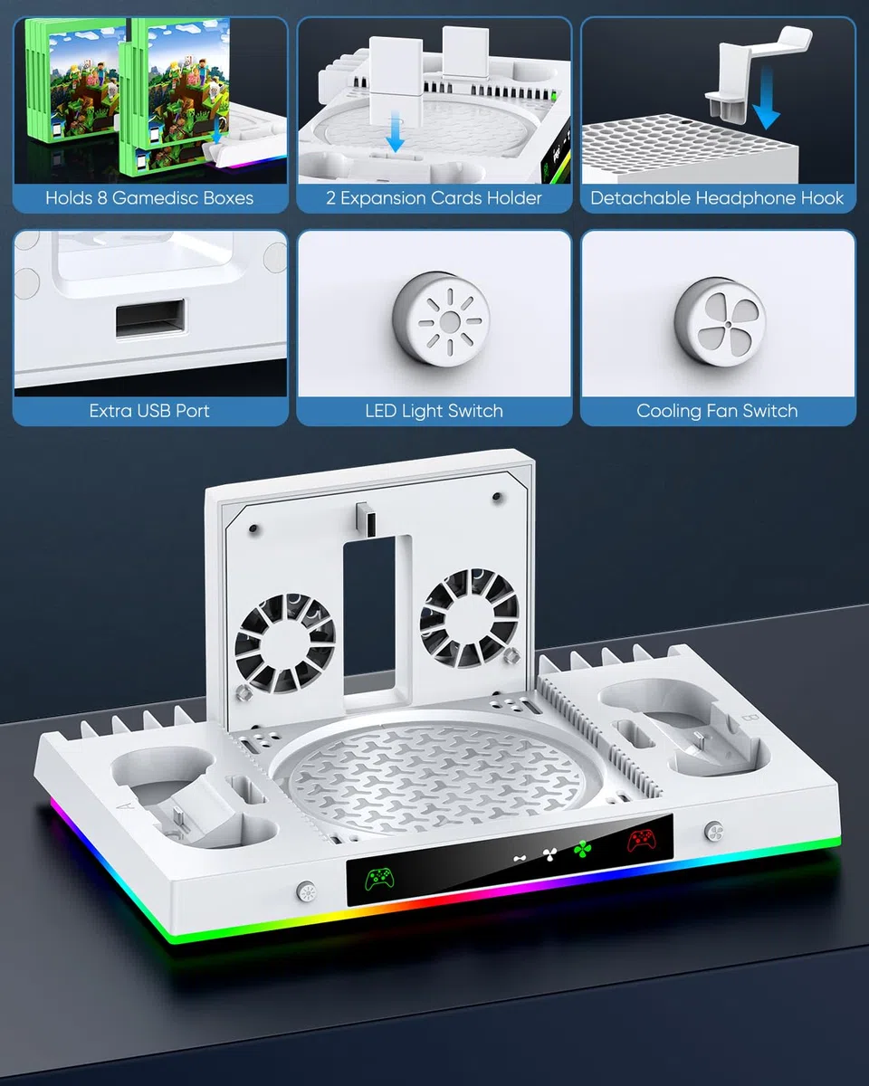 Ventilador de refrigeración mejorado y soporte de carga dual para consola Xbox Series X y controlador, sistema de estación de carga para serie X con 15 luces RGB, 2 baterías recargables de 1400 mAh,