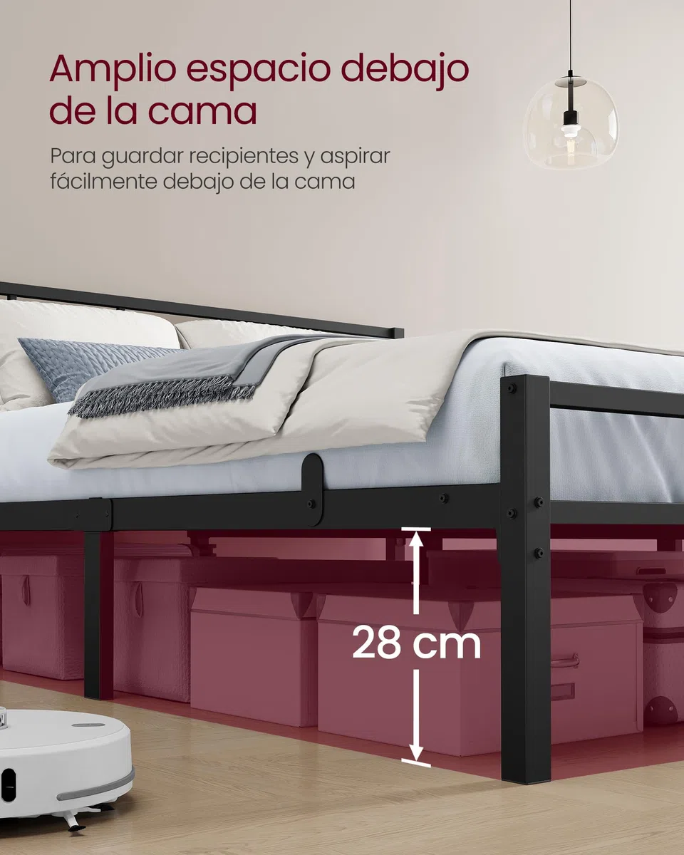 VASAGLE Cama de Matrimonio, 135 x 190 cm, Cabecero, Marco de Metal, Carga de 500 kg, Montaje Fácil, para Dormitorio, Negro Tinta RMB296B101