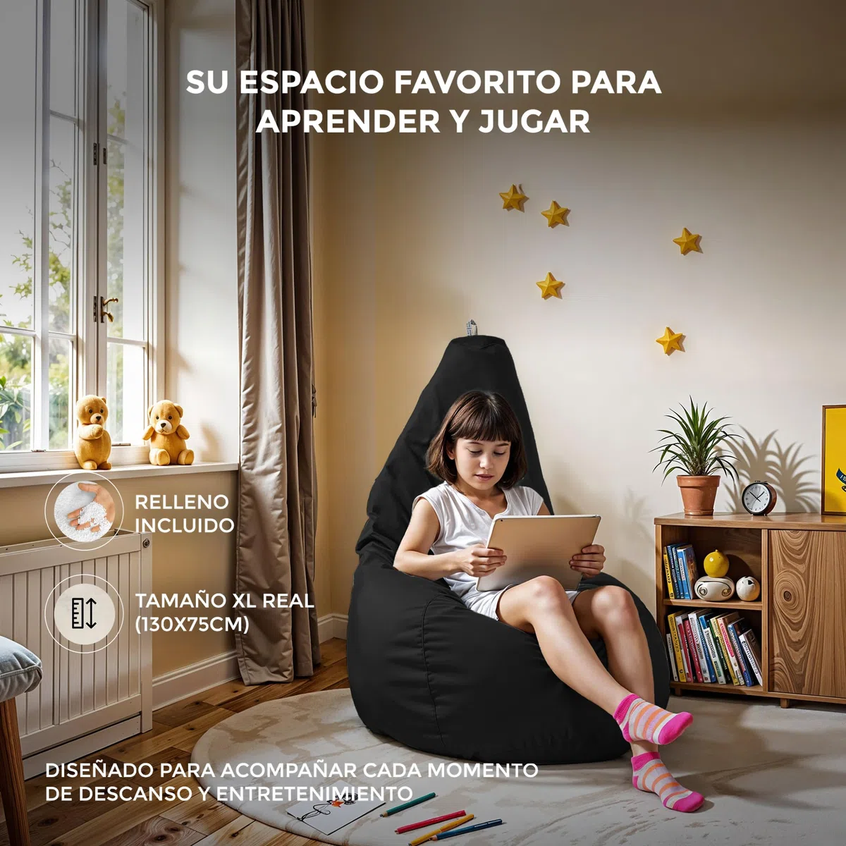 HAPPERS Puff Pera para Salón y Dormitorio con Relleno | Polipiel Alta Resistencia | Sillón Relax Ergonómico Infantil y Juvenil | Puff para Leer y Jugar | Negro 130x75 XL