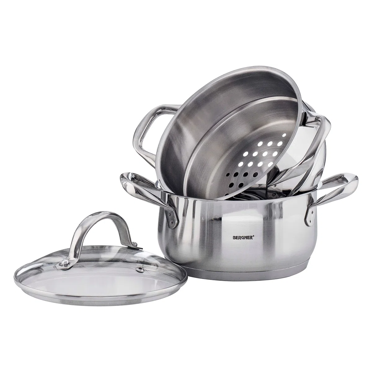 BERGNER Gourmet | Cacerola de Cocina Con Hervidor | Cazuela con Tapa, Hervidor y Capacidad de 2,2L | Acero Inoxidable | Muy Resistente, Fácil de Limpiar y Para Todo Tipo de Cocinas