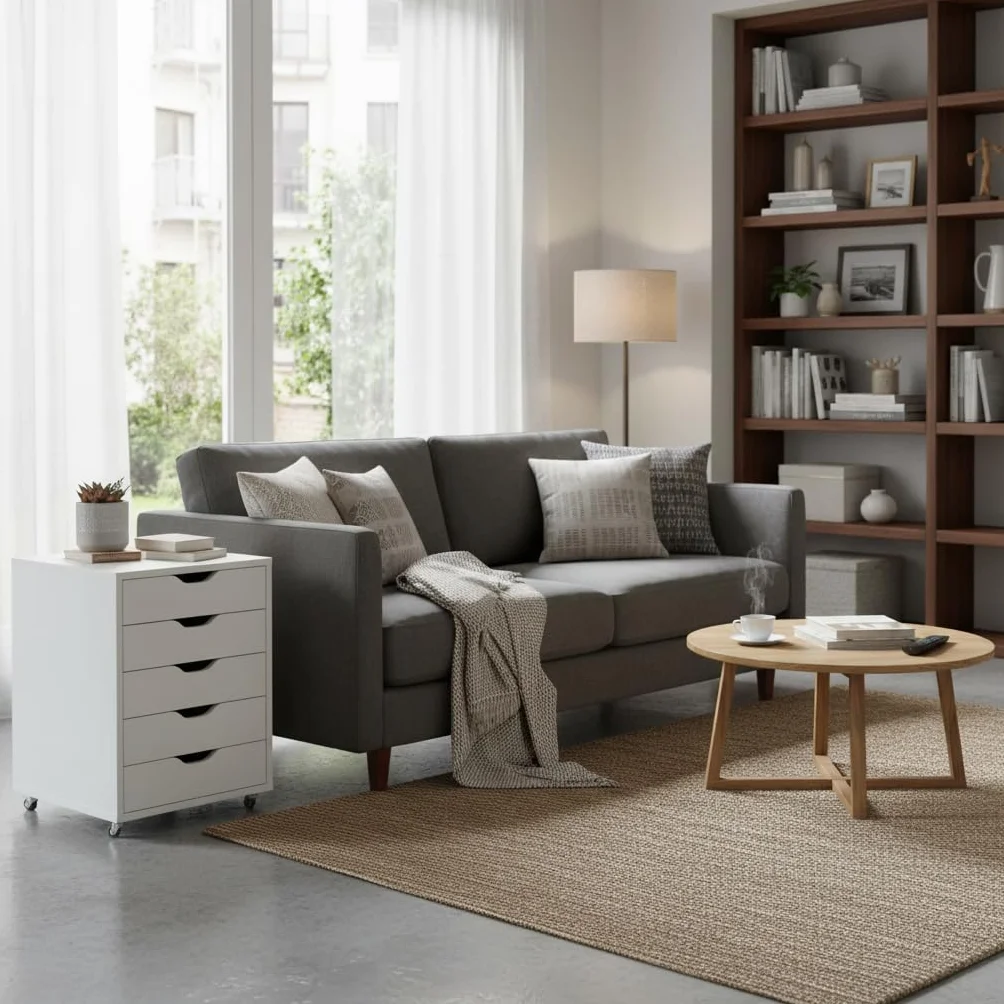 leomark Cajonera movil con Ruedas 5 cajones Mueble Oficina Escritorio almacenaje Documentos Accesorios Organizador despacho Estudio casa Robusto practico MDF Blanco Altura 64 cm Compacto Moderno