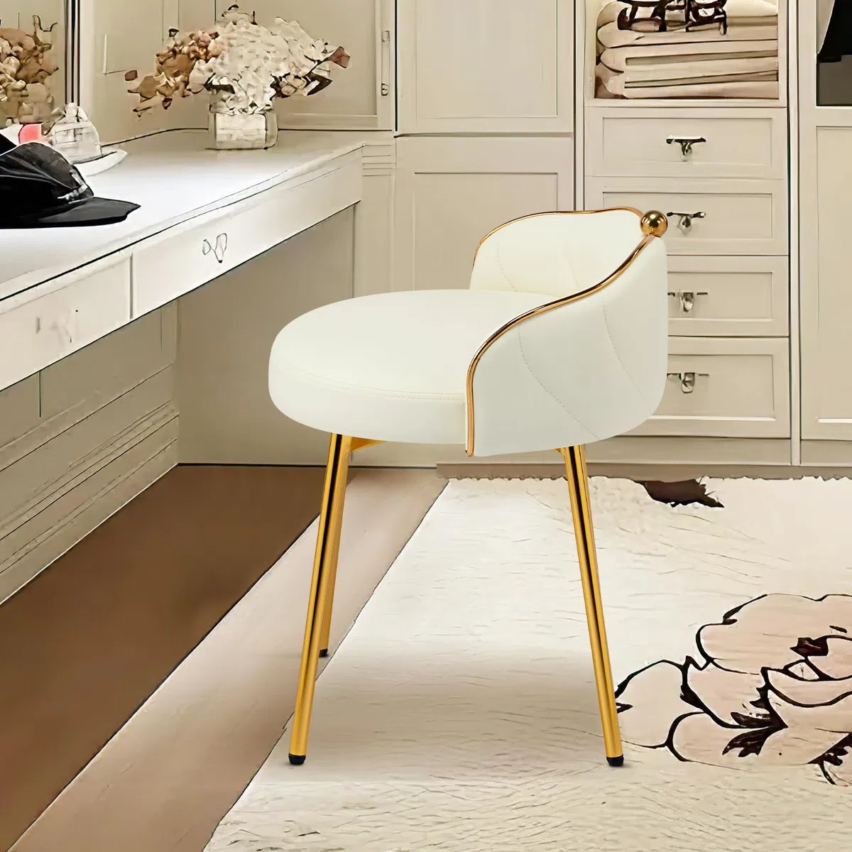 Hellove Lindo Taburete De Tocador Giratorio, Sin Brazos, con Patas De Metal Dorado, Taburete Giratorio, Reposapiés, Stool De Maquillaje, Stool De Cuero para Dormitorio, Salón, Comedor, Beige