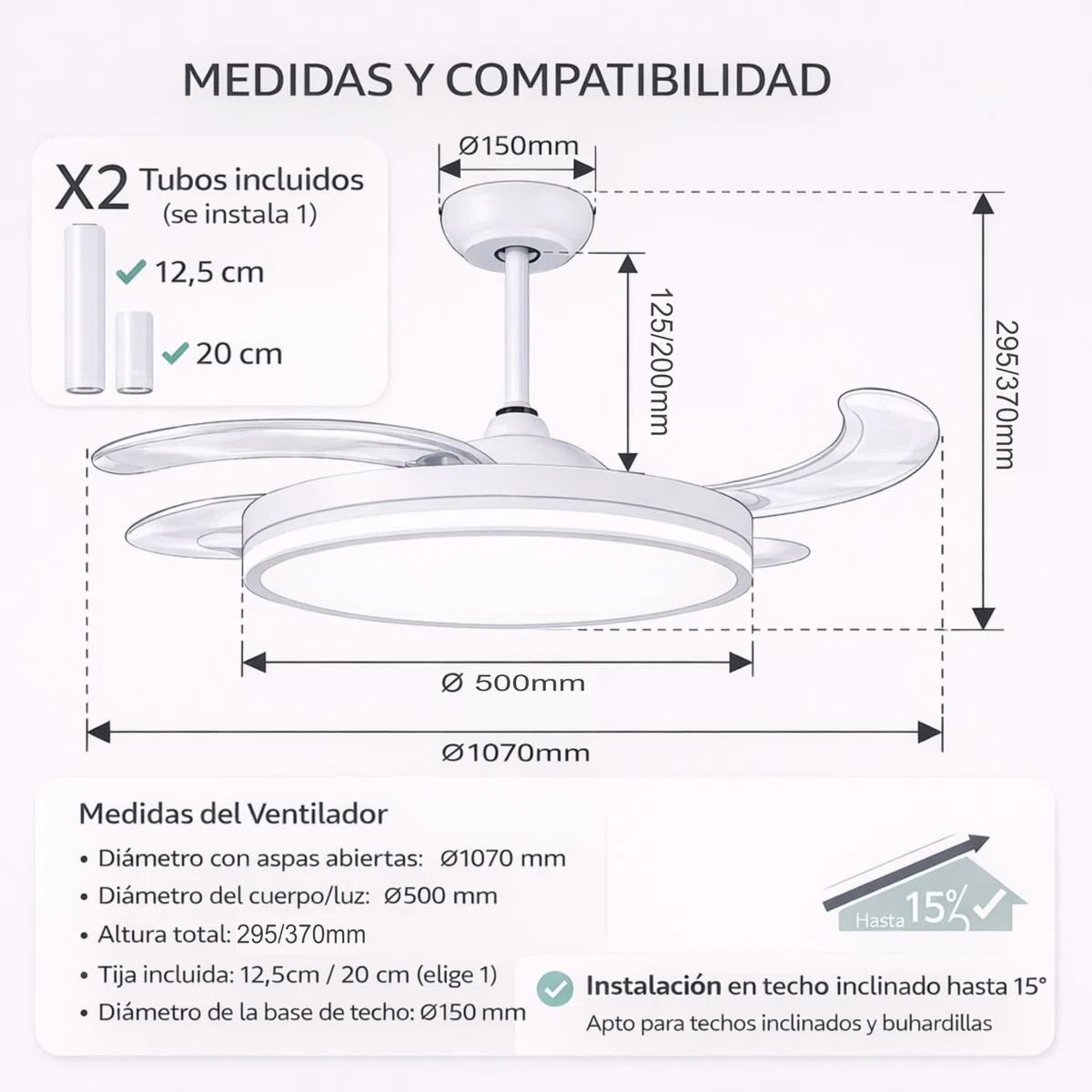 Ventilador de Techo Led 66W, Regulable en Intensidad y en Tono de Luz de Fria a Cálida, 4 Aspas Retráctiles, Mando a Distancia y APP para Móvil, Motor DC Ultra Silencioso, 6 Velocidades (Olg Blanco)