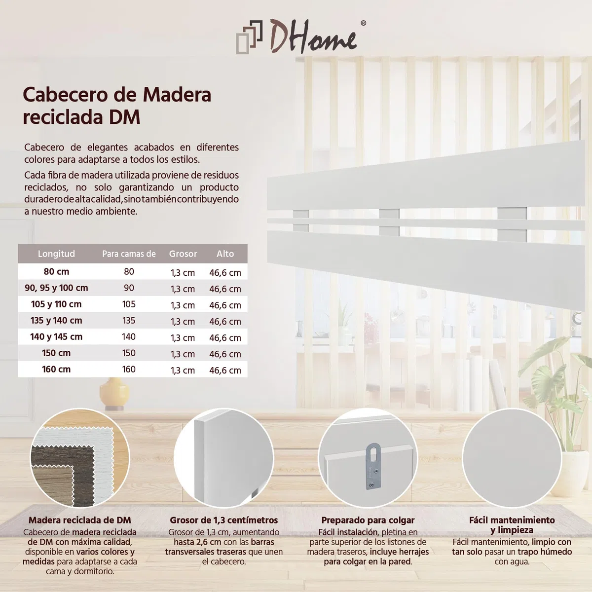 DHOME Cabecero de Madera reciclada DM Horizontal Ancho Cama Palets Herrajes incluidos (135x46 Horizontal Ancho, Blanco)