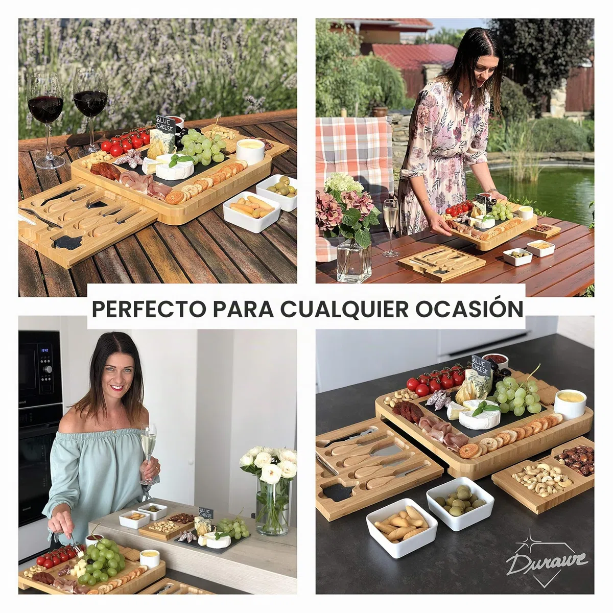 Set Tabla de Queso de Bambú y Cuchillos, Cuencos de Cerámica y Abrebotellas – Bandeja Queso 100% Madera Orgánica, Tabla Charcutería
