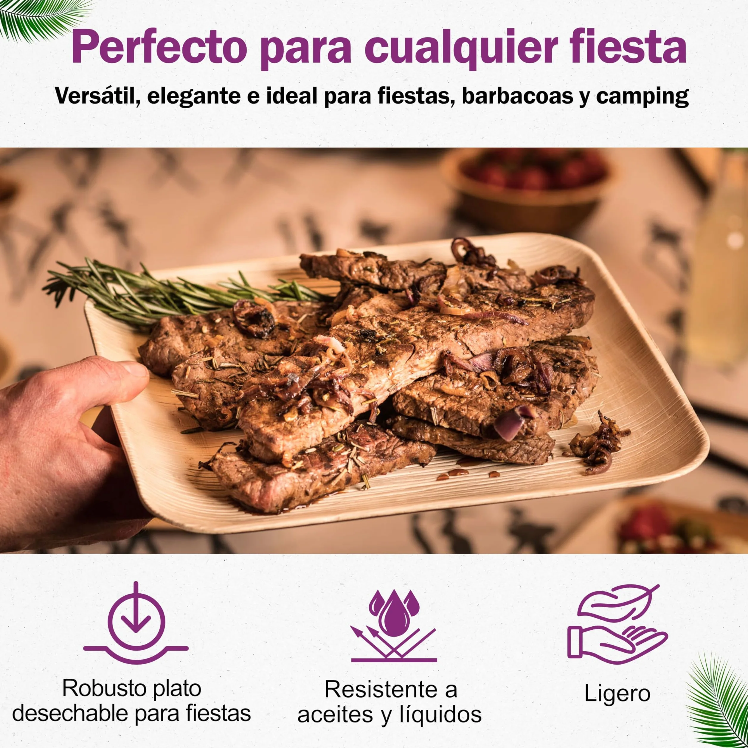 Platos Desechables de Hoja de Palma y Cubiertos de Madera - 25 Grandes y 25 de Postre, 50 Tenedores, 25 Cuchillos y 25 Cucharas - Vajilla Ecológica - Elegantes para Fiestas - similar al Bambu
