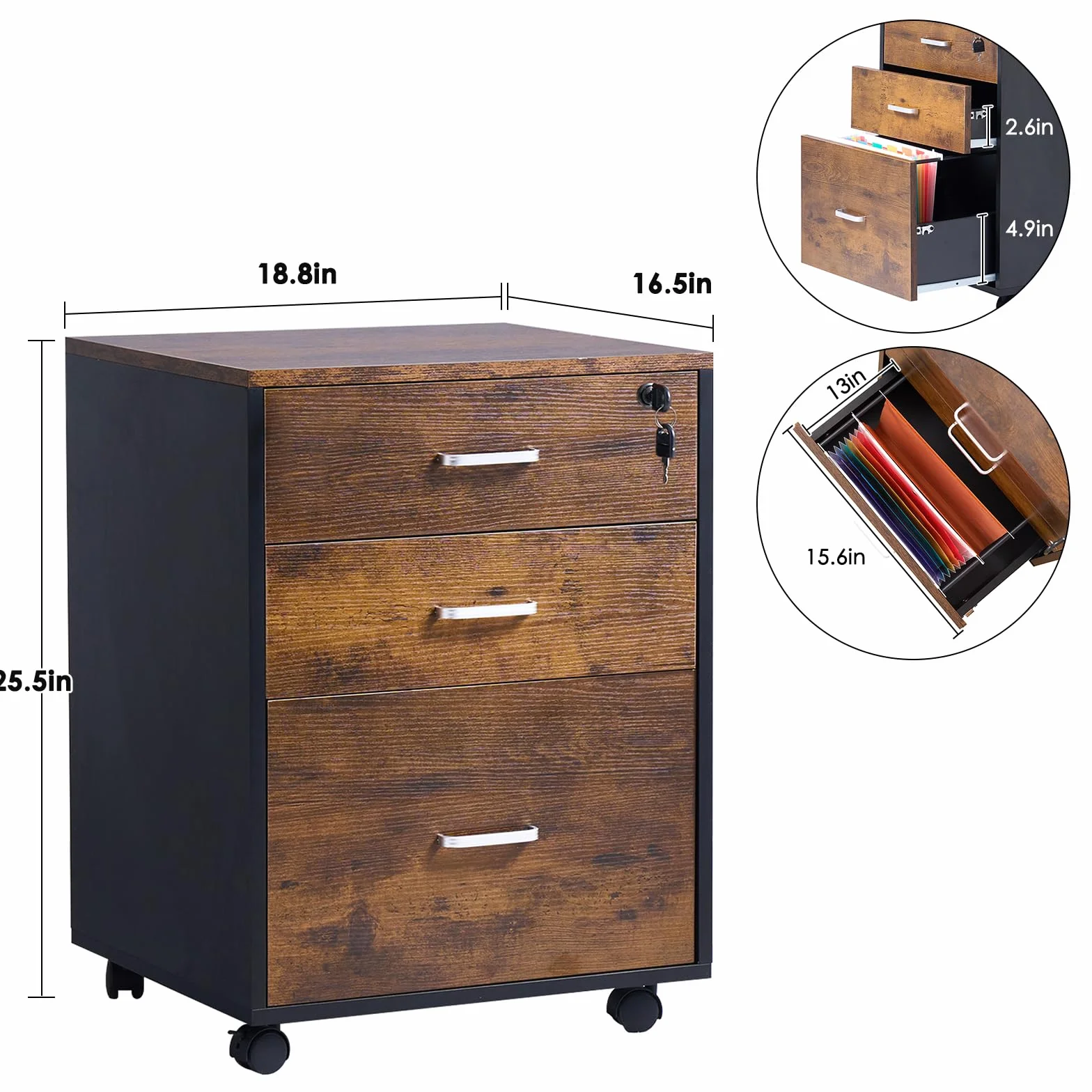 SogesPower Mueble Archivador de 3 cajones, Armario Móvil, con ruedas universales fijas, cerradura de cajón, 48 x 42 x 65 cm, Vintage Marrón
