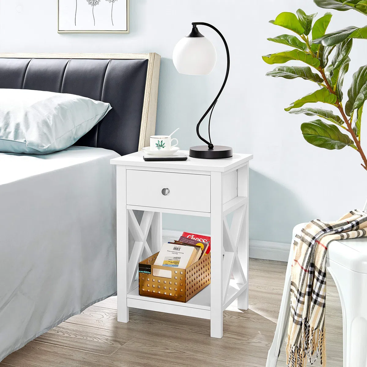 Yaheetech 2pcs Mesitas de Noche con Cajón y Estante 40x30x55cm Mesillas de Noche Vintage para Dormitorio Mesa Auxiliar para Salón Sala de Estar Blanco Satinado