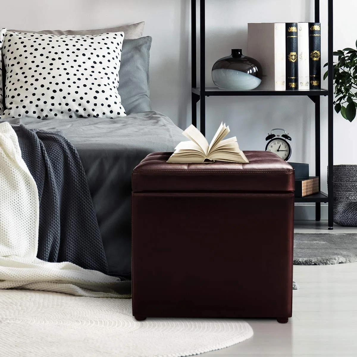 COSTWAY Baul Almacenaje Dormitorio, Puff Almacenaje Plegable 40x40x40cm, Puff Banco con Almacenaje con Capacidad de 300 kg, Reposapiés Sofa para Sala de Estar, Dormitorio, Entrada, Marrón