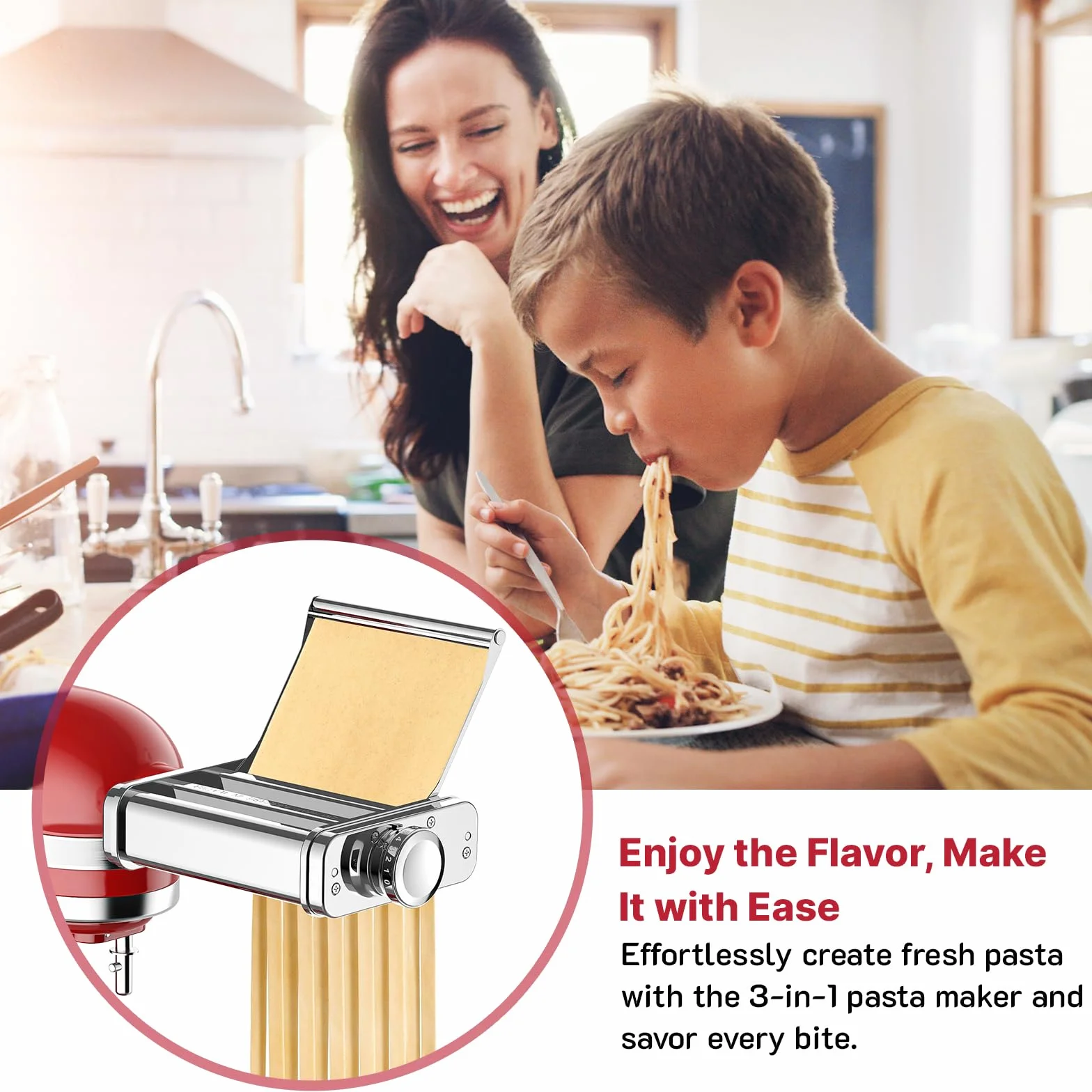 COFUN Accesorio para Pasta para KitchenAid - Accesorio para Pasta 3 en 1 de Acero Inoxidable Que Incluye Cortador de Fettuccine, Cortador de Espaguetis y Rodillo para Pasta, con Placa guía