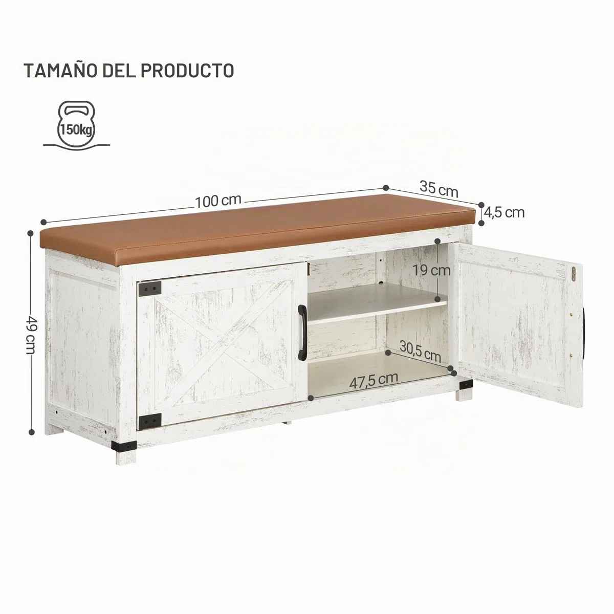 Hzuaneri Banco Zapatero con cojín, Mueble Zapatero Entrada con Puertas, 8 Pares de Zapatos, 35 x 100 x 49 cm, Entrada, Dormitorio, Sala de Estar, Blanco y marrón SB26614KA
