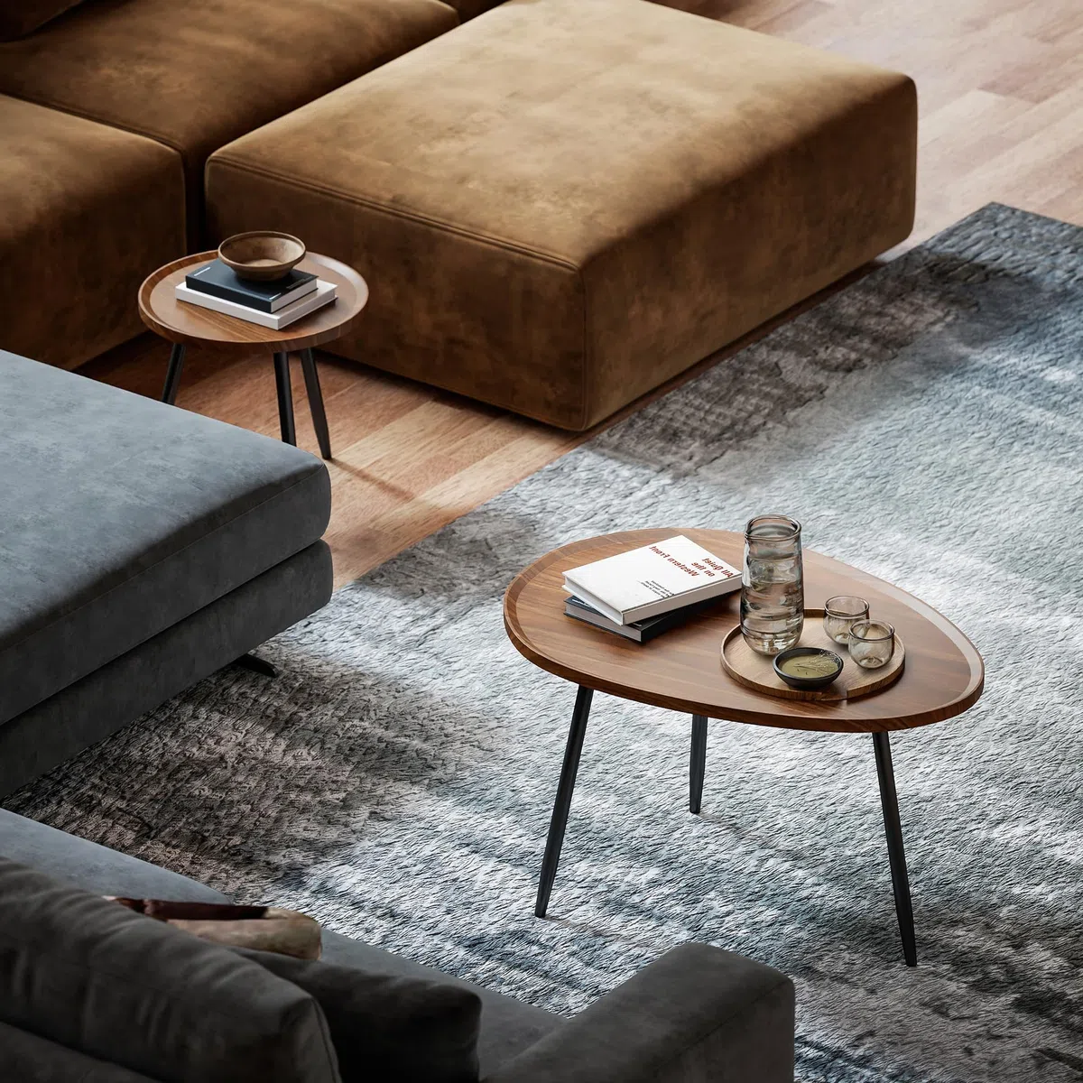 HOMCOM Juego de 2 Mesas Auxiliares Apilables Mesas Nido Mesitas de Café Estilo Moderno con Marco de Metal para Salón Dormitorio Oficina 80x55x49 cm y Ø40x39 cm Efecto Madera y Negro