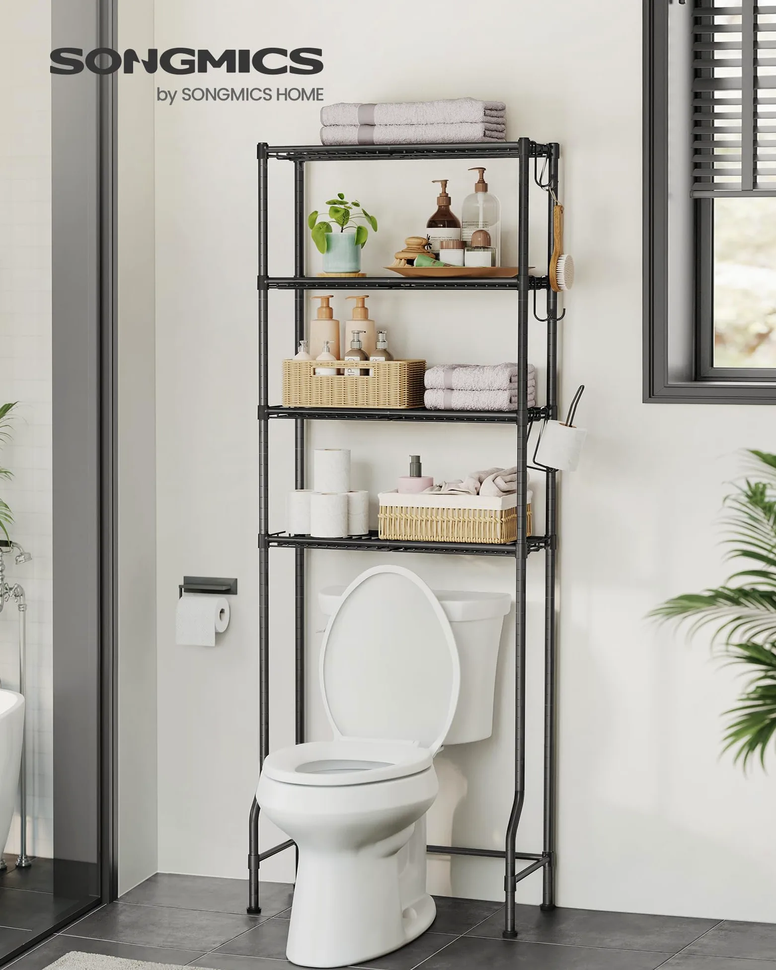 SONGMICS Estantería de Inodoro de 4 Estantes, Estante de Metal para el Baño, Estantes Ajustables, con 4 Ganchos y Portarrollos, Ahorra Espacio, 30 x 63 x 176 cm, Negro BTS013B01