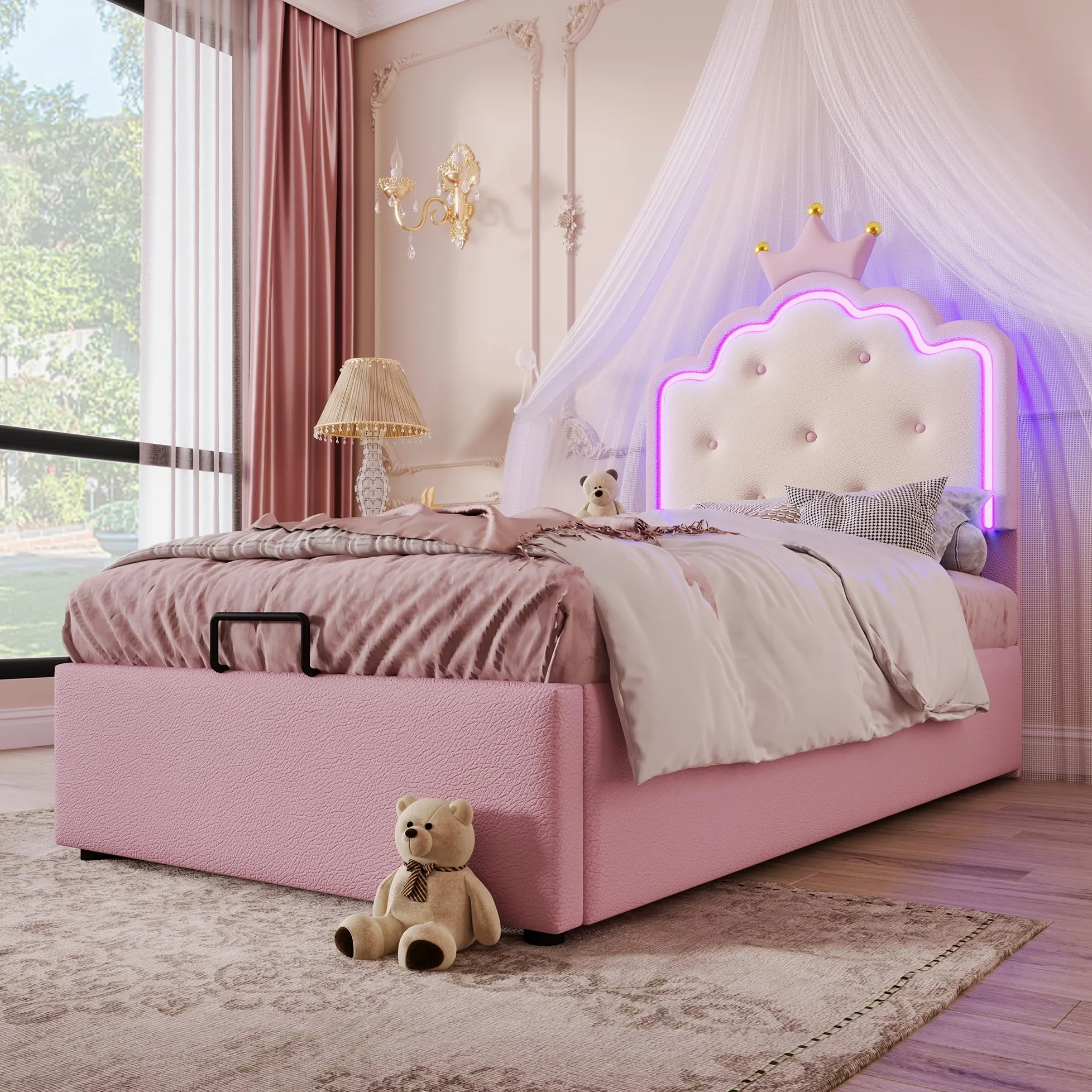 Lubvtti Cama Acolchada 90x200 cm con luz Ambiental,Cama Individual con contenedor,Cama Infantil,Forma de Corona de Princesa,Cama con almacenaje,con somier de láminas,PU