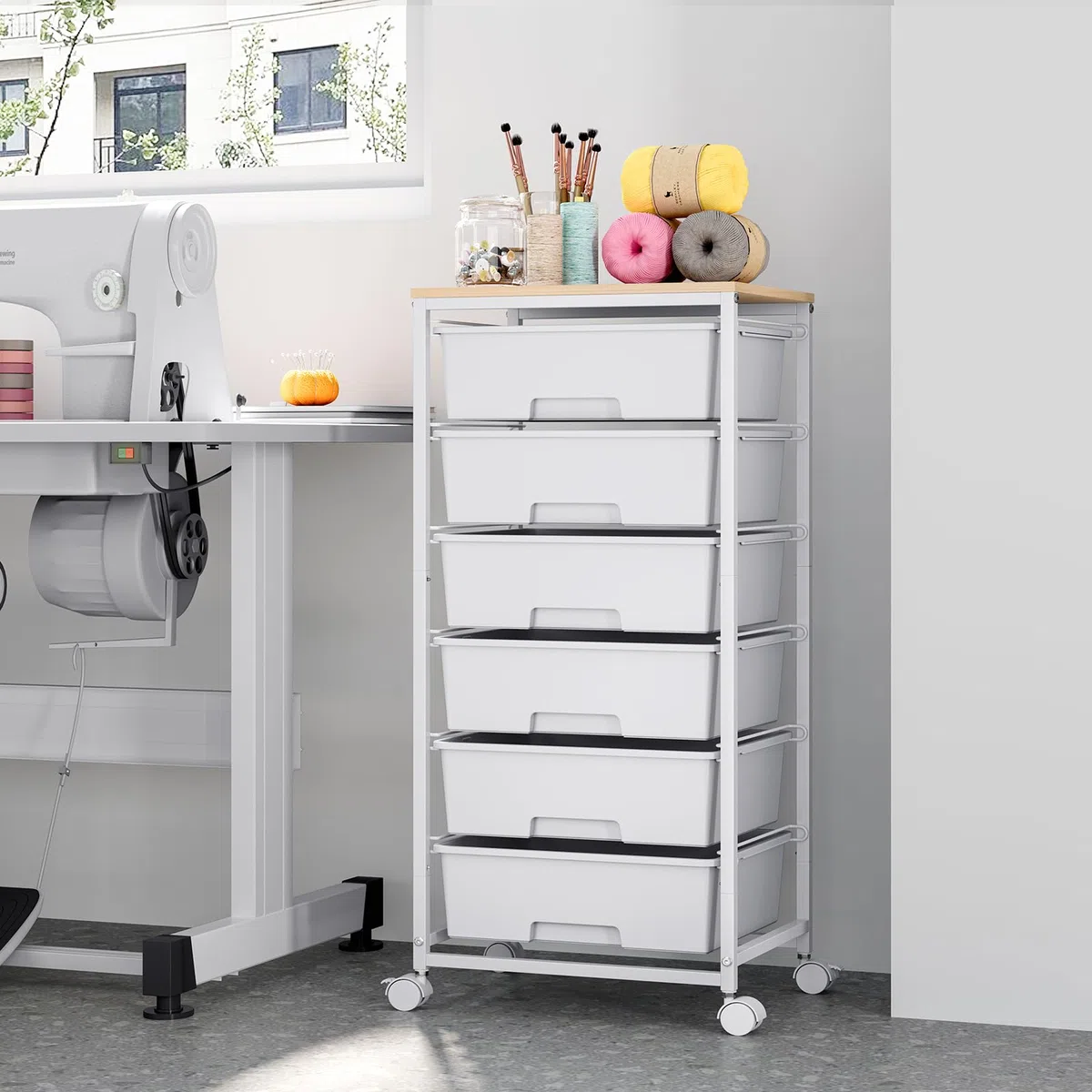 Carro con ruedas de 6 cajones con placa de madera - Fuerte contenedor con ruedas de plástico, carrito de almacenamiento móvil para oficina, habitación infantil y sala de manualidades - Carro de baño