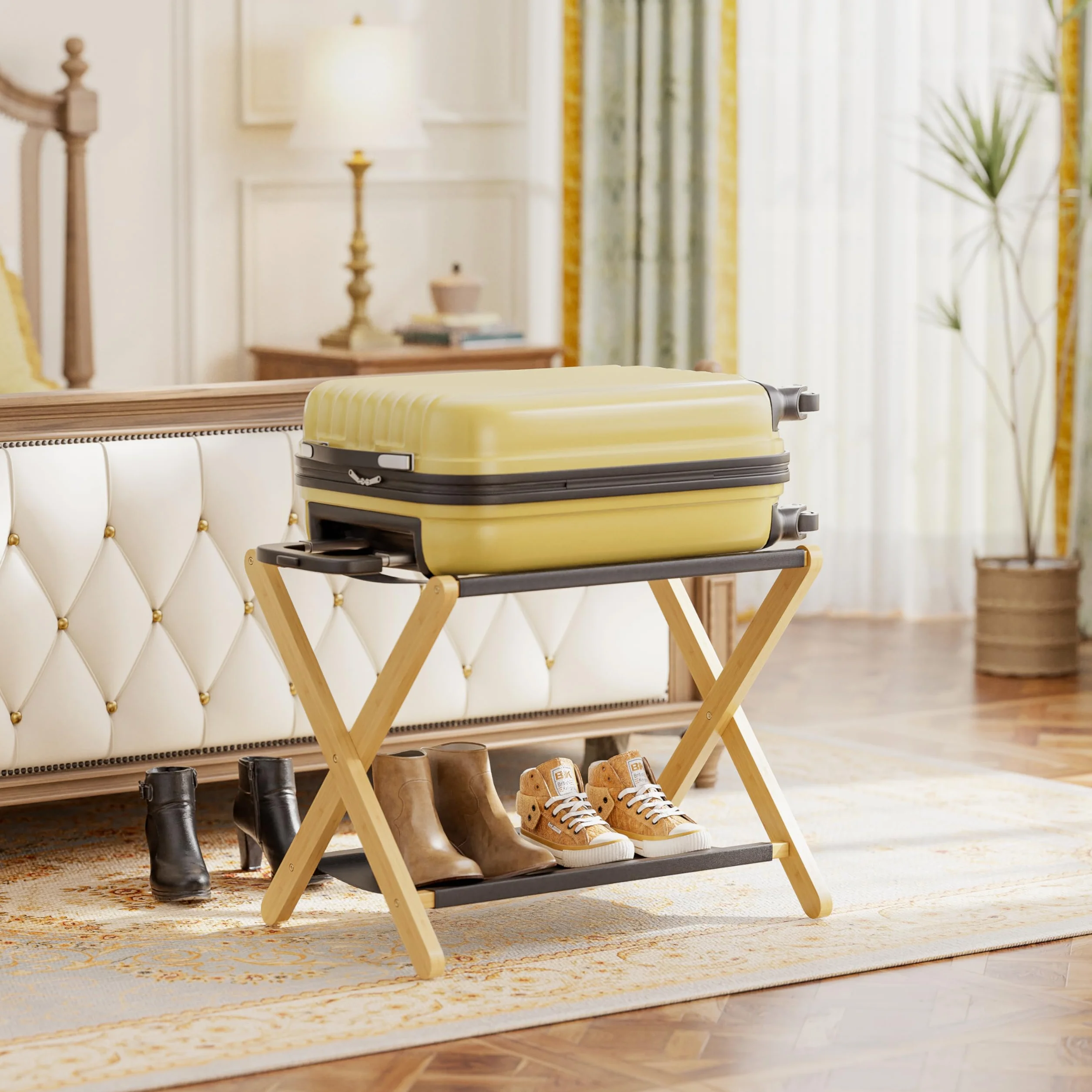 Portaequipaje, Soporte plegable para maletas con estante de almacenamiento, Portaequipaje de bambú premium para habitación de invitados, dormitorio, hotel, Soporta hasta 61 kg (Natural)