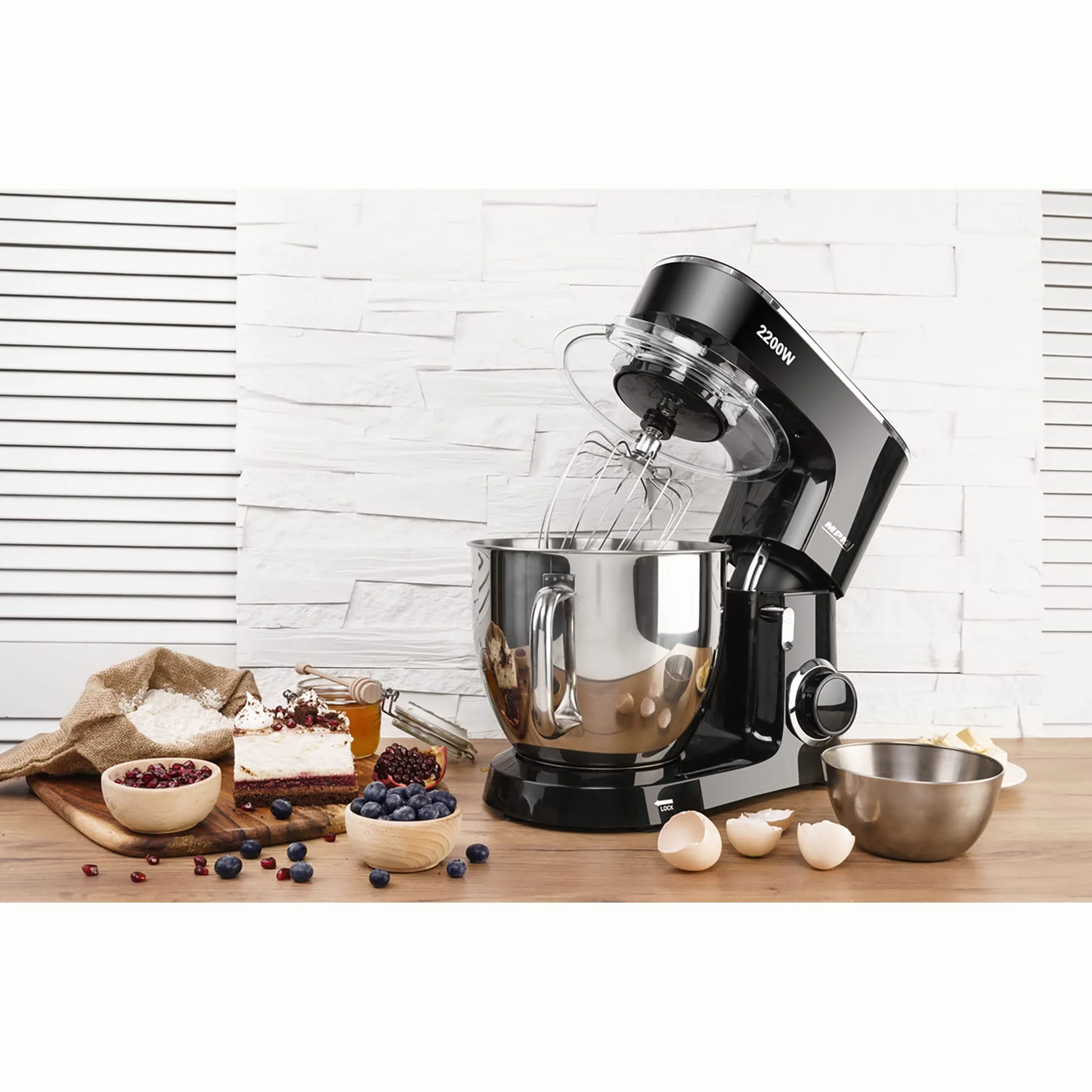 MPM Batidora Amasadora Repostería Profesional Robot Cocina Orbital 2200W Máx. 6,5L Bol Acero Inox, 6 Velocidades + Función Pulso, Sistema Planetario, 3 Accesorios+ Báscula, MRK-19B