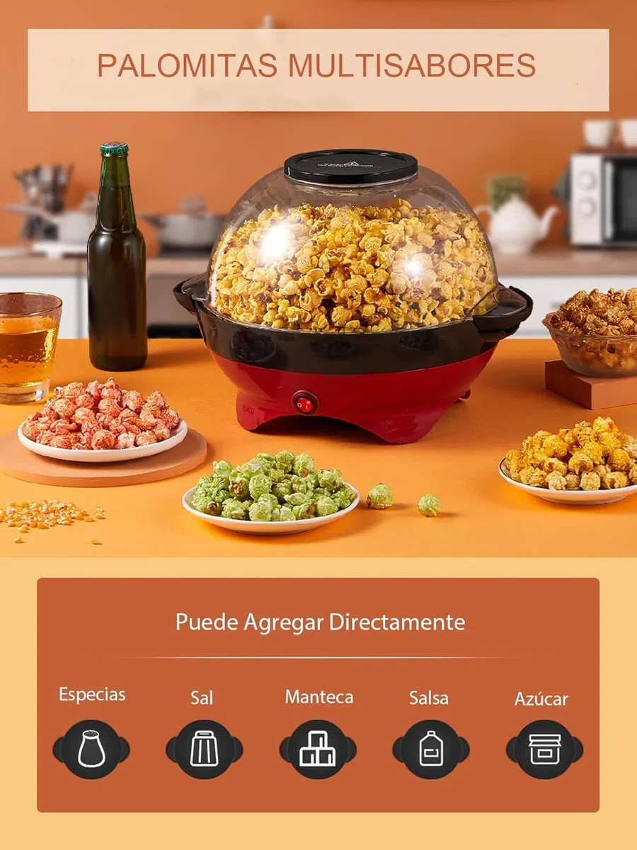 HOUSNAT Palomitero, 5.5L/180g, 800W Máquina de Palomitas Aceite Caliente con Revestimiento Antiadherente y Plato de Calentamiento Extraíble, Silenciosa y Rápida, 2 Tazas Medidoras