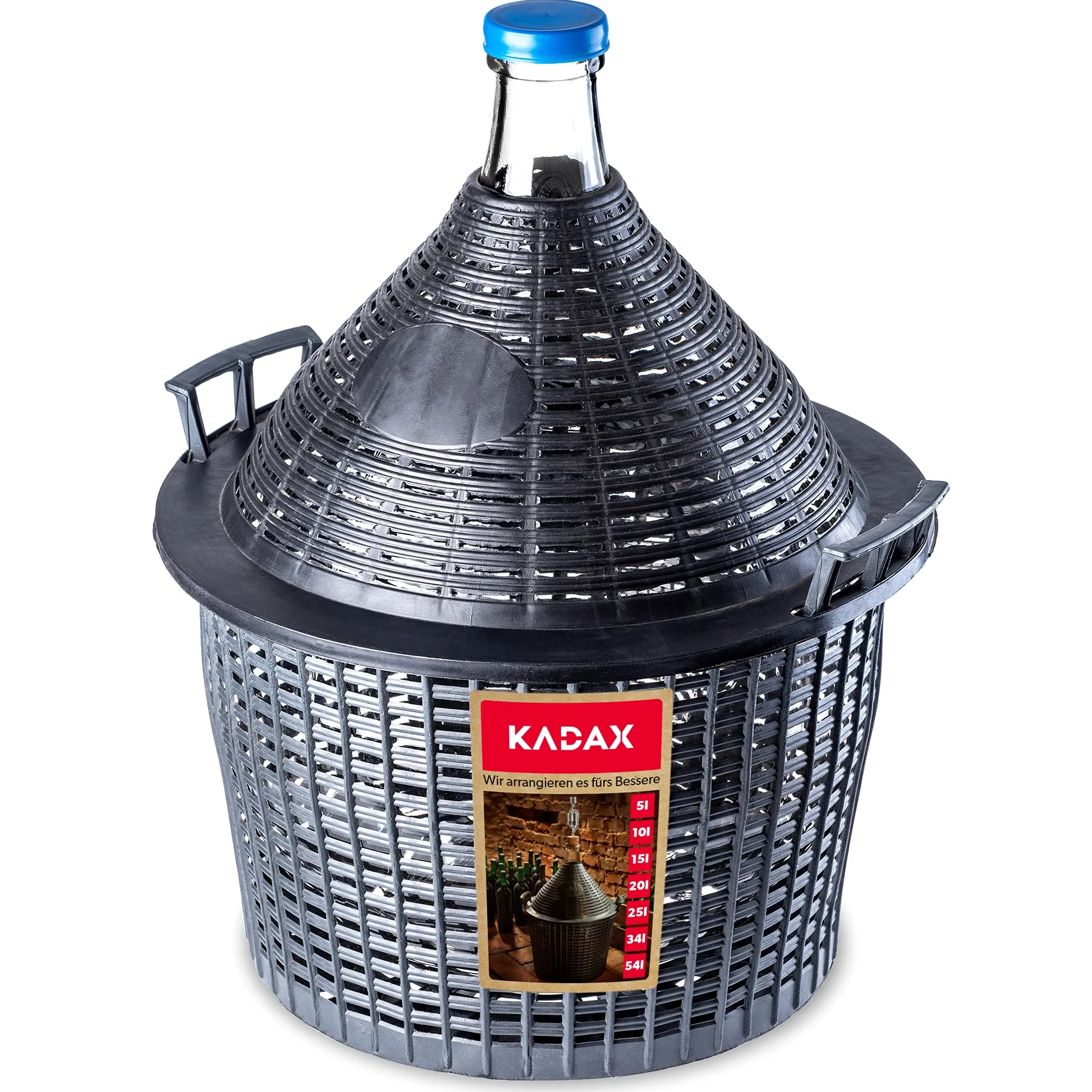 KADAX - Globo de Cristal con Cesta de plástico, tapón de Goma, Abertura Estrecha, Botella de Vino, Botella de Cristal, gallón, Recipiente de fermentación, Cristal y plástico, Gris, 54L