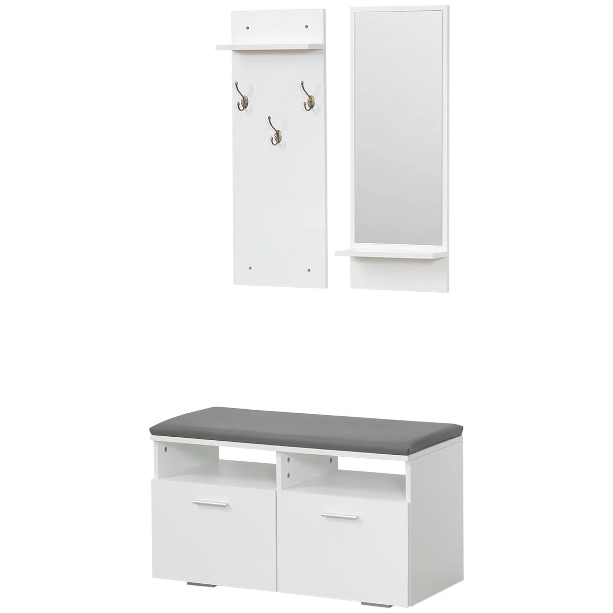 HOMCOM Conjunto de Recibidor con Espejo Perchero y Zapatero Recibidores de Entrada con 3 Ganchos 2 Puertas y Estantes para 8 Pares de Zapatos Blanco