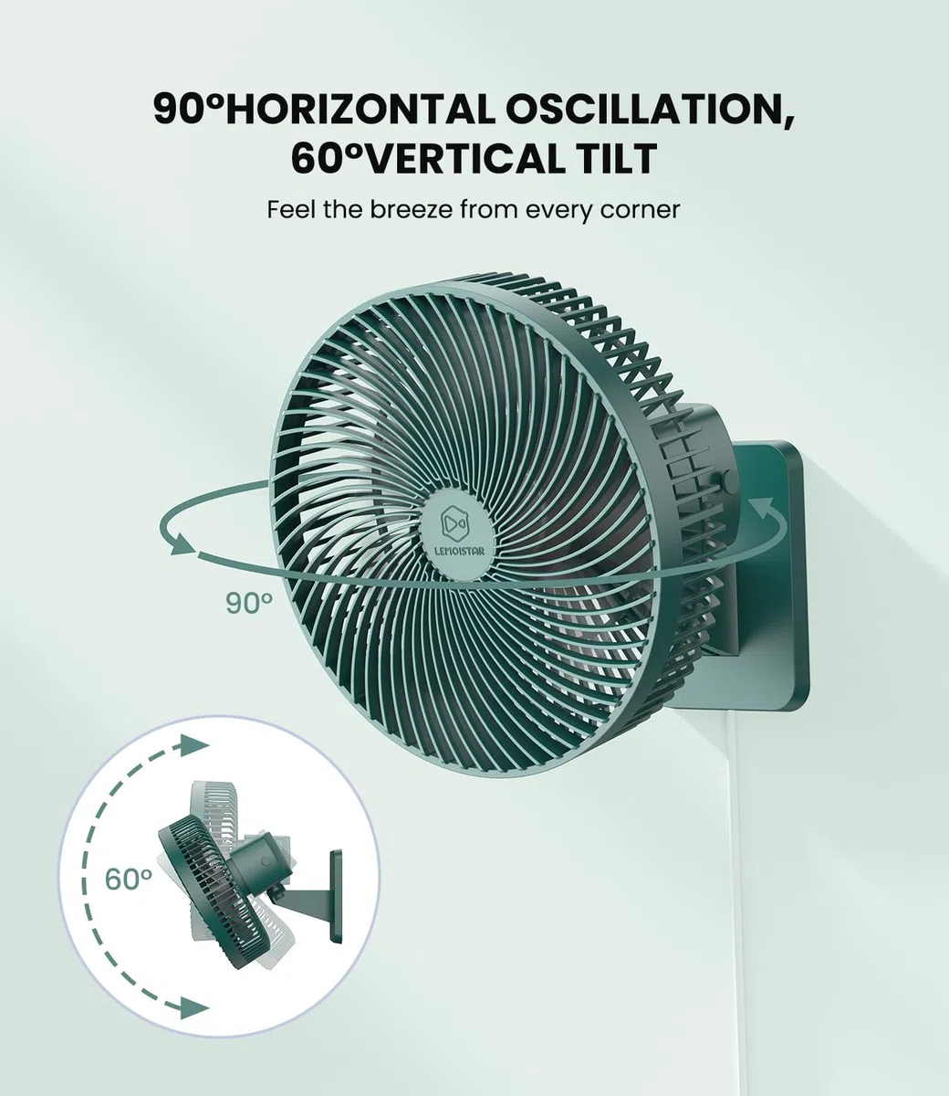 LEMOISTAR Ventilador de pared de 25 cm con mando a distancia, oscilación de 90°, 4 velocidades, 4 temporizadores, inclinación ajustable, cable de 178 cm, silencioso, para dormitorio, garaje