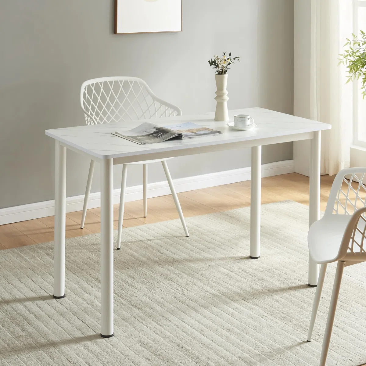 [en.casa] Mesa de Comedor Tammela Rectangular Mesa de Cocina Oficina para 4 Personas Resistente a Arañazos Patas de Acero Tablero de MDF Revestida de Melamina 120 x 60 x 75 cm - Mármol Blanco