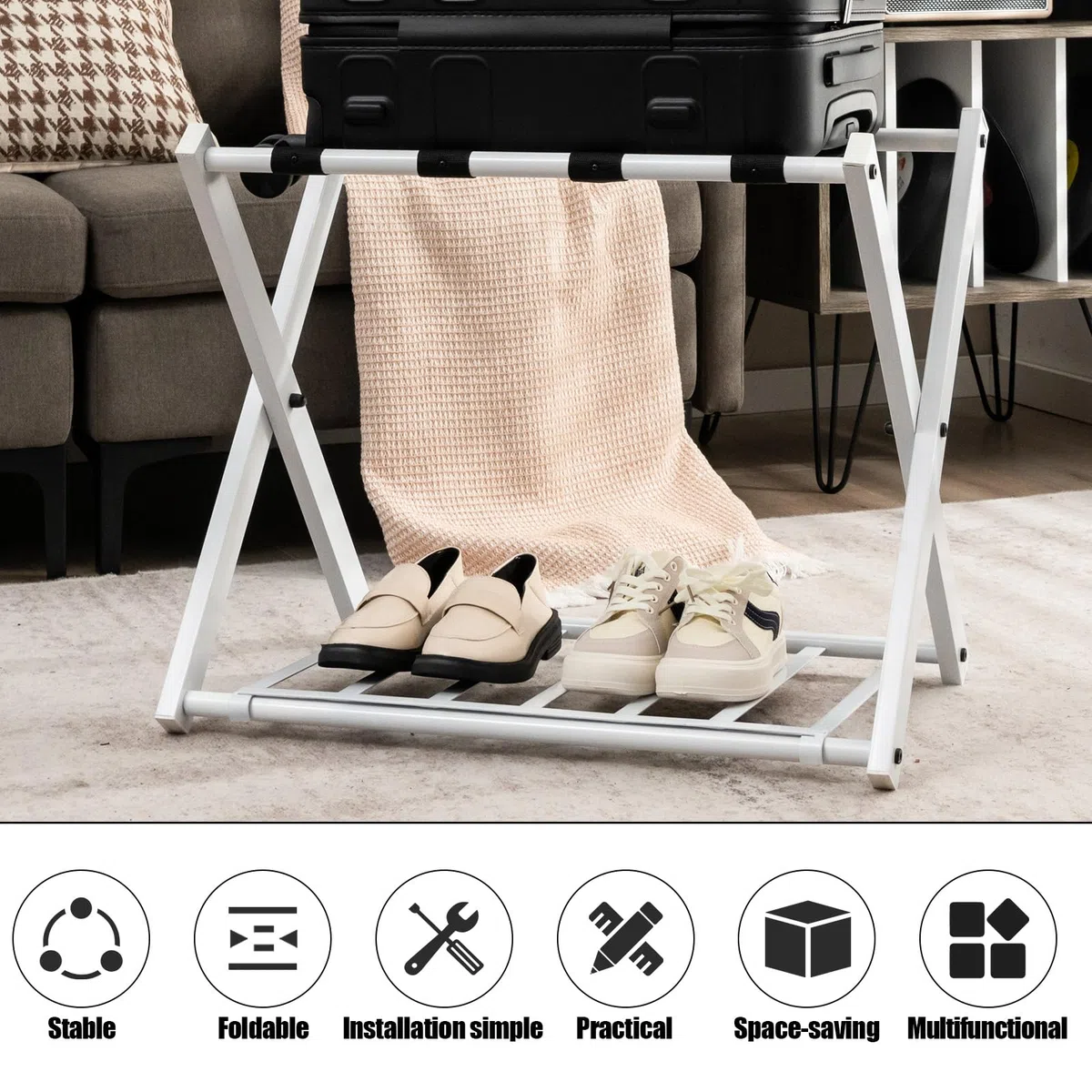 HOMASIS Estante para equipaje plegable, Soporte de metal para maletas y bolsas con estante, Portaequipajes con diseño de 2 niveles, para habitación, hotel, 68x43x56cm (Blanco, 2)