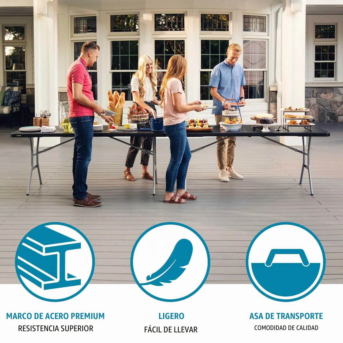 LIFETIME Mesa Rectangular Plegable 183x76x73 cm, Tablero de Polietileno HDPE Negro, Estructura de Acero, Bloqueo de Seguridad, Resistente a la Intemperie y Golpes, Uso Interior y Exterior (92126)