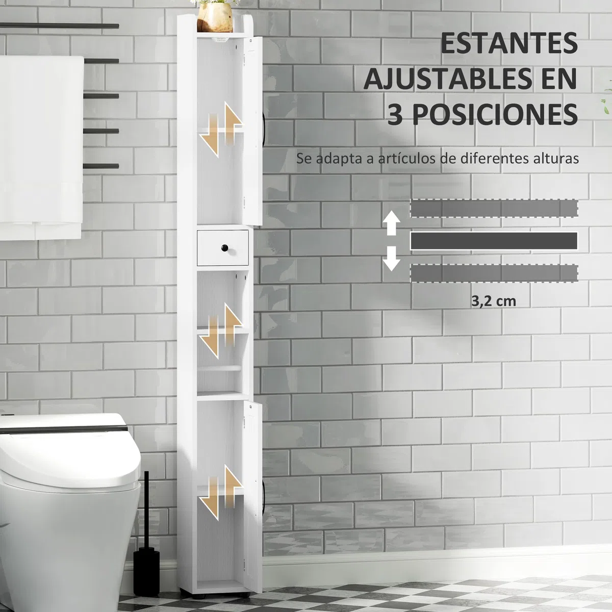HOMCOM Columna de Baño Estrecha con 2 Puertas Armario Alto de Baño Rústico con Cajón Compartimento Abierto Estantes Ajustables y Portarrollos 20x20x185 cm Blanco