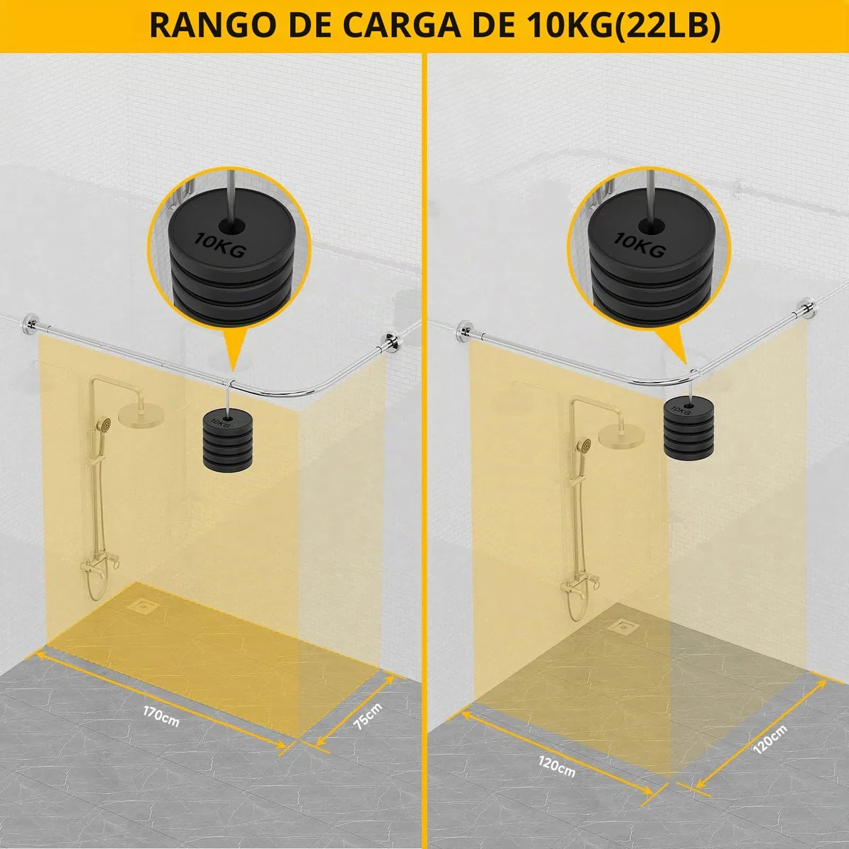 Barra de Cortina de Ducha L Forma, Barra Cortina Ducha Esquinera Ajustable de Acero Inoxidable, 75x170 cm Barra Ducha Curva con Anillos para Armario Baño Vestuario