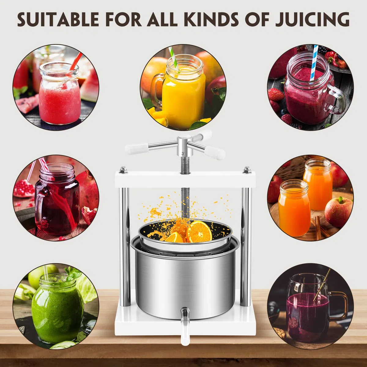 Aufun prensa de frutas 5L cesta de acero inoxidable, prensa de frutas prensa de vino 430 de acero, prensado de uvas, frutas, carne, hierbas, grasa, queso vegetal (5L)